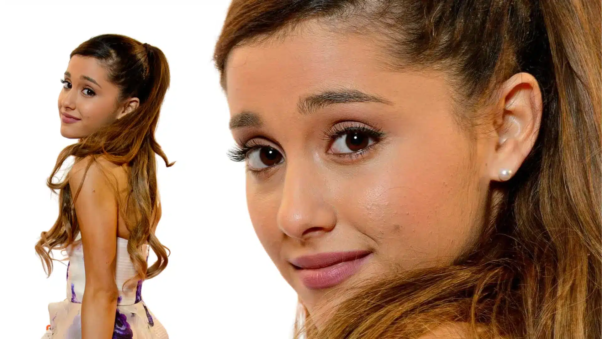 Image of Ariana Grande's face next to a smaller image of her looking over her shoulder in a floral dress during her Nickelodeon days