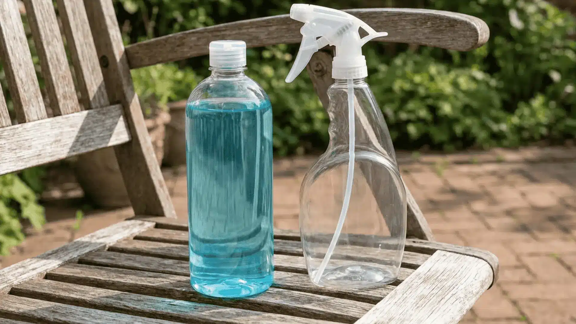 On a wooden chair a bottle of mouthwash and a spray bottle for homemade mosquito repellent are displayed