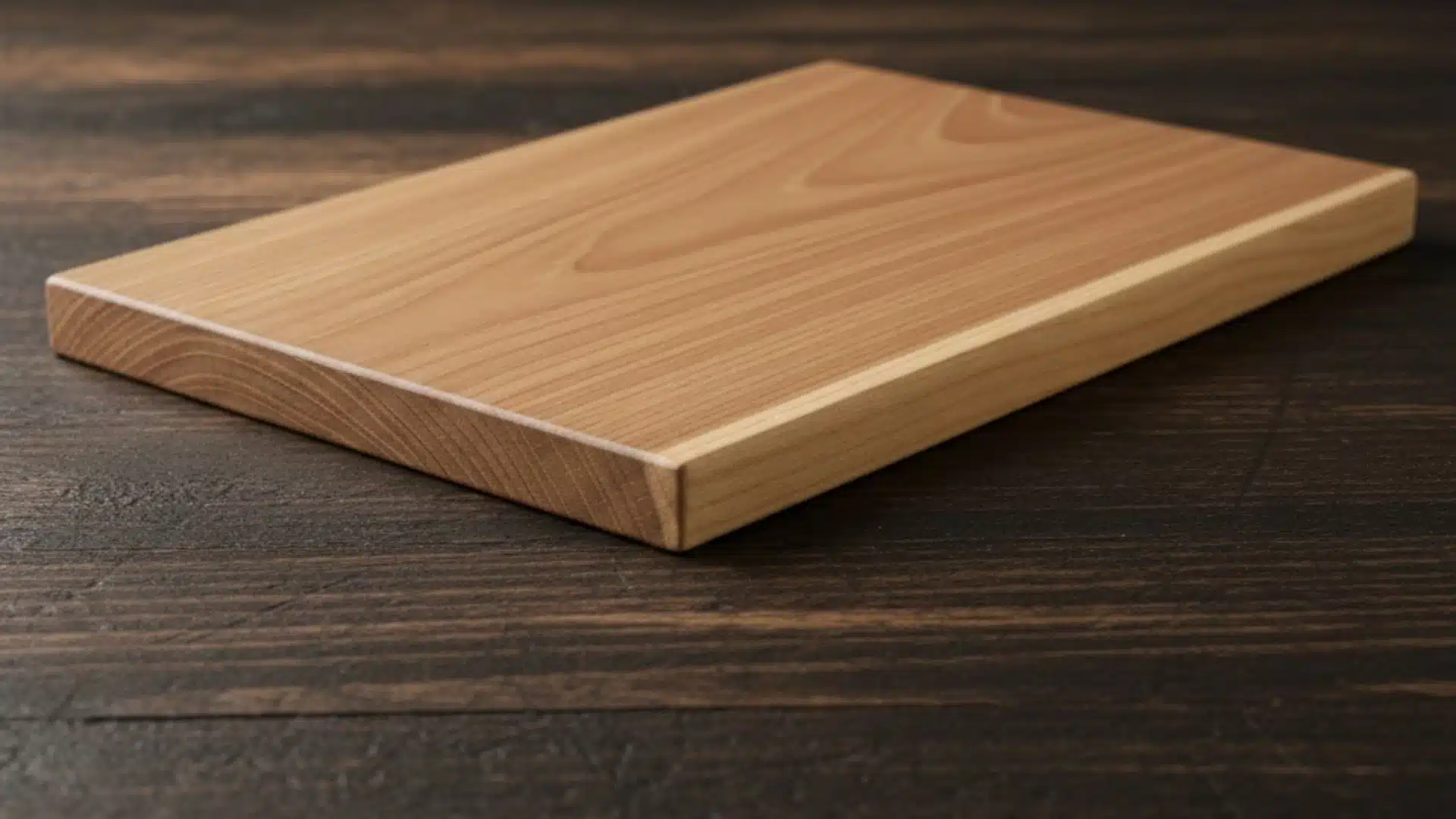 Rectangular light-colored wooden cutting blockboard with prominent grain resting on a dark, textured wooden surface