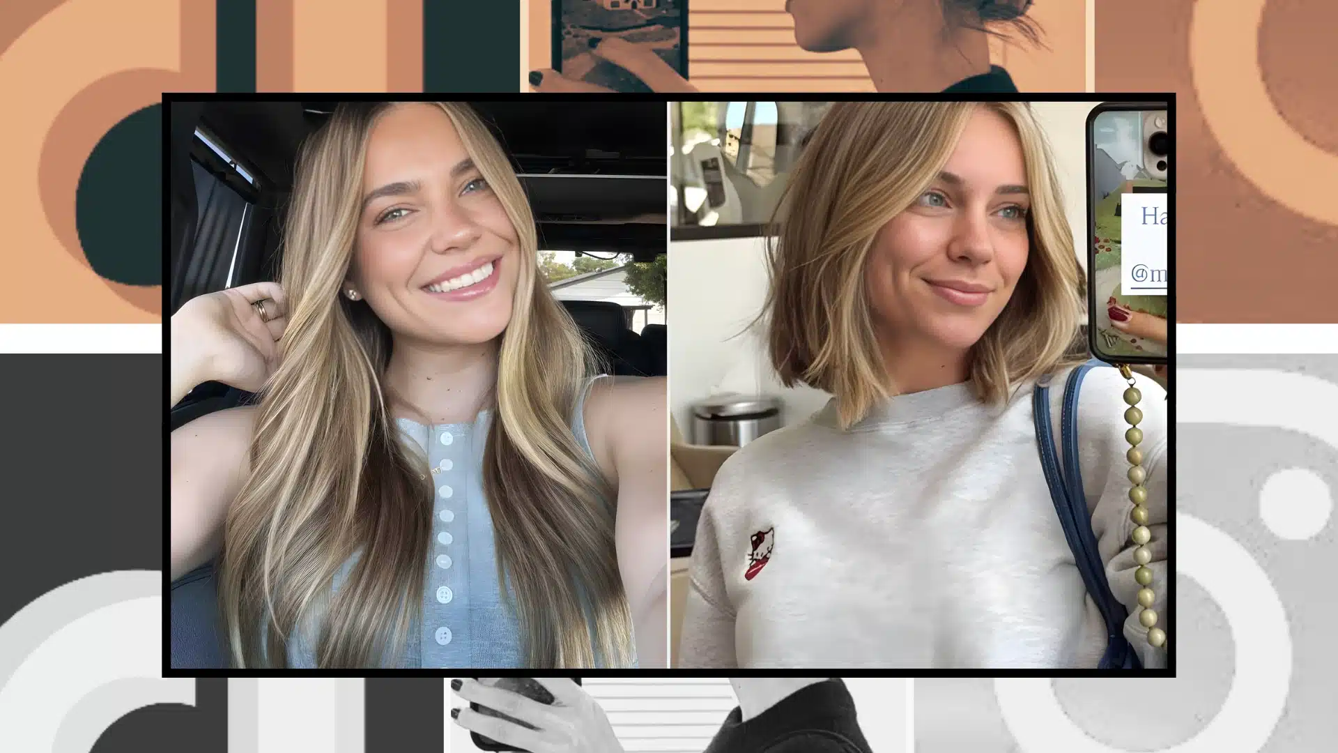 Side by side comparison of Emilie Kiser showing her with long hair and a new shorter bob haircut