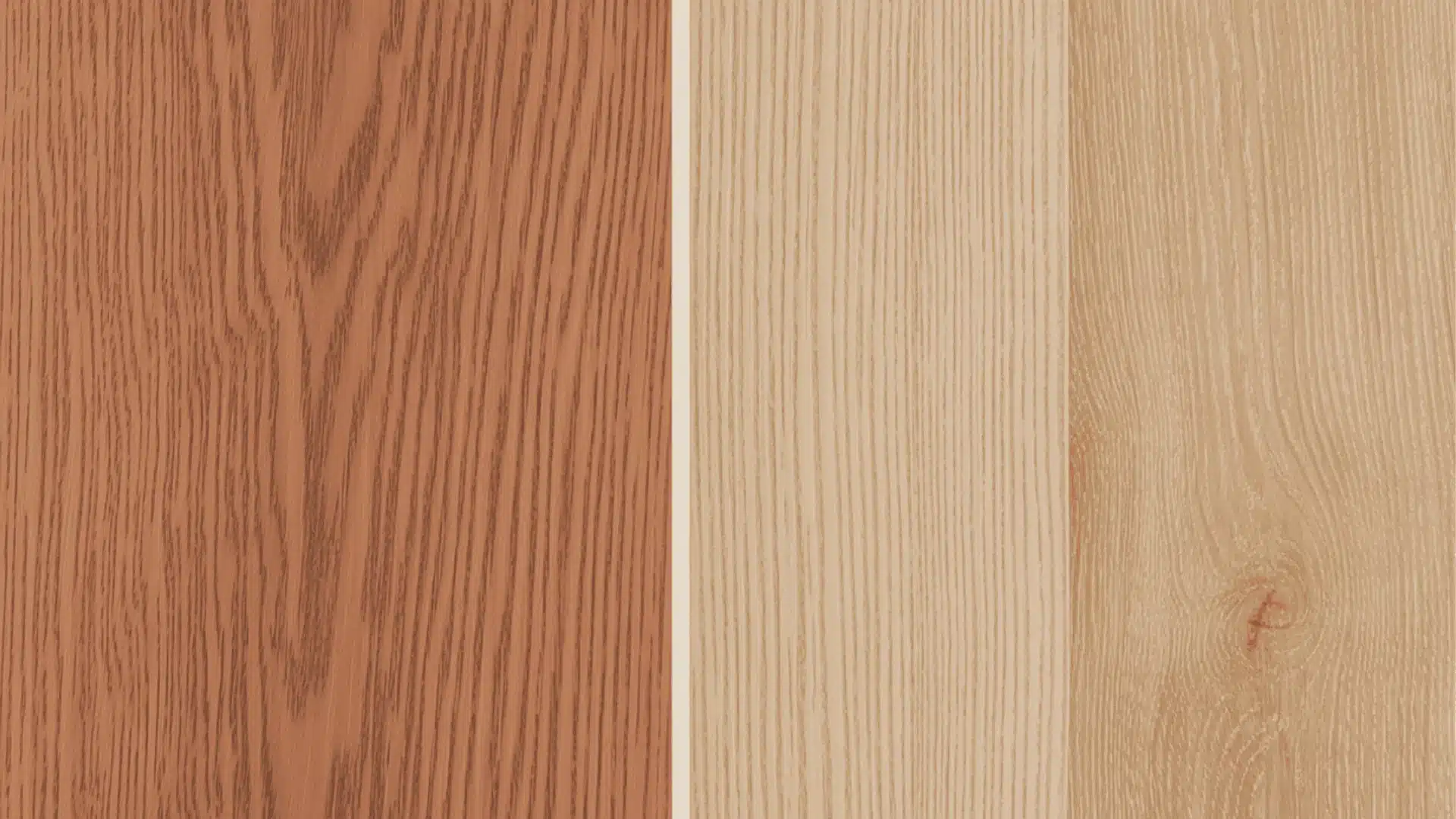 Side-by-side comparison of medium reddish-brown oak stained wood grain texture next to a light natural oak wood grain texture