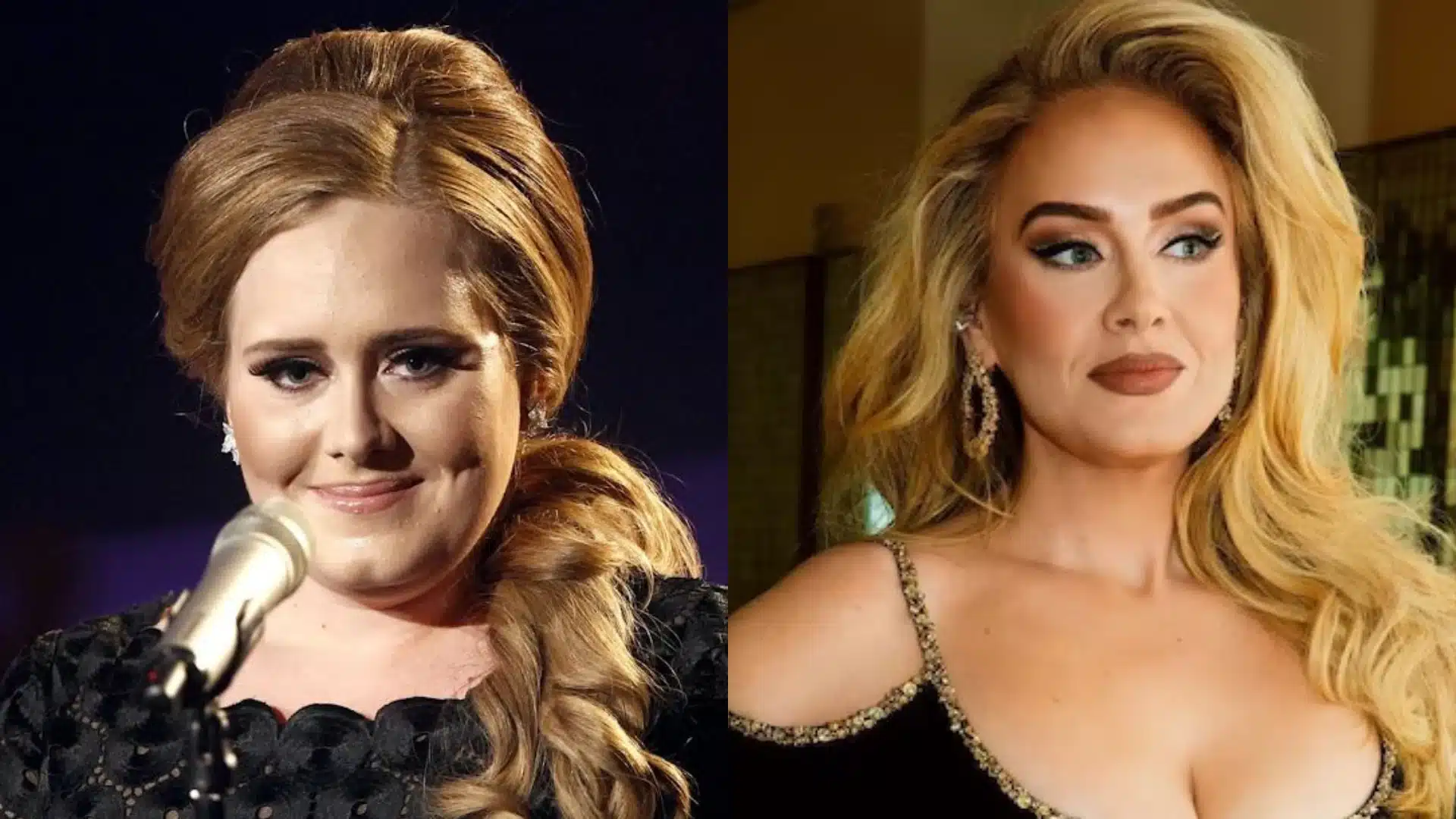 Split image comparing Adele before weight loss on the left to a recent photo of Adele after weight loss on the right