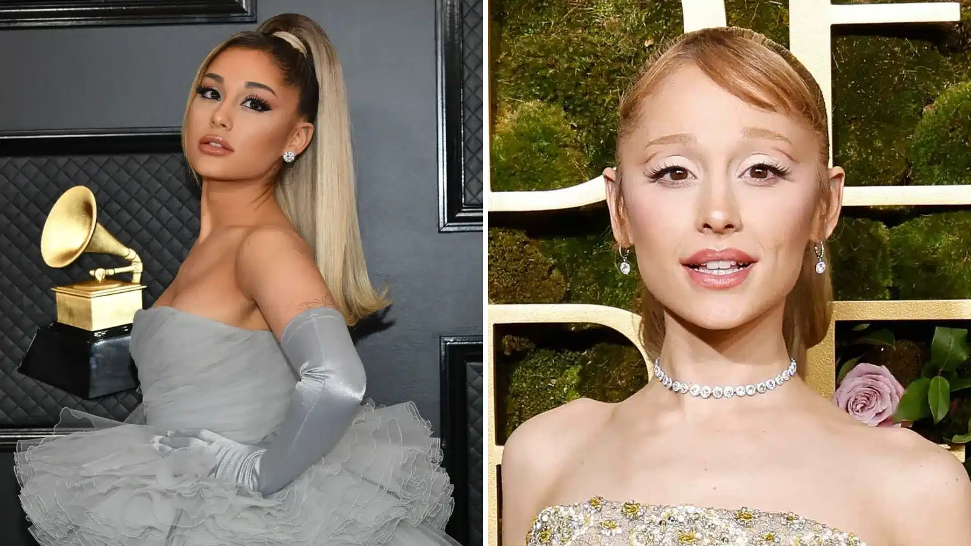 Split image showing Ariana Grande before attending the Grammys, and on the right is an after photo at the Wicked event