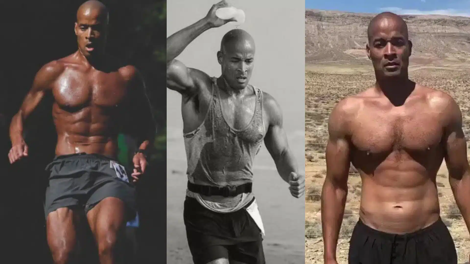 Three images of David Goggins show him running intensely in various settings like a dark trail a beach and david goggins age