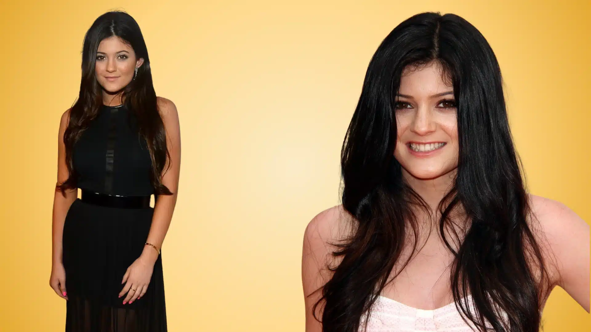 Two images of Kylie Jenner as teen with bold eyeliner and uneven brows against a yellow gradient background