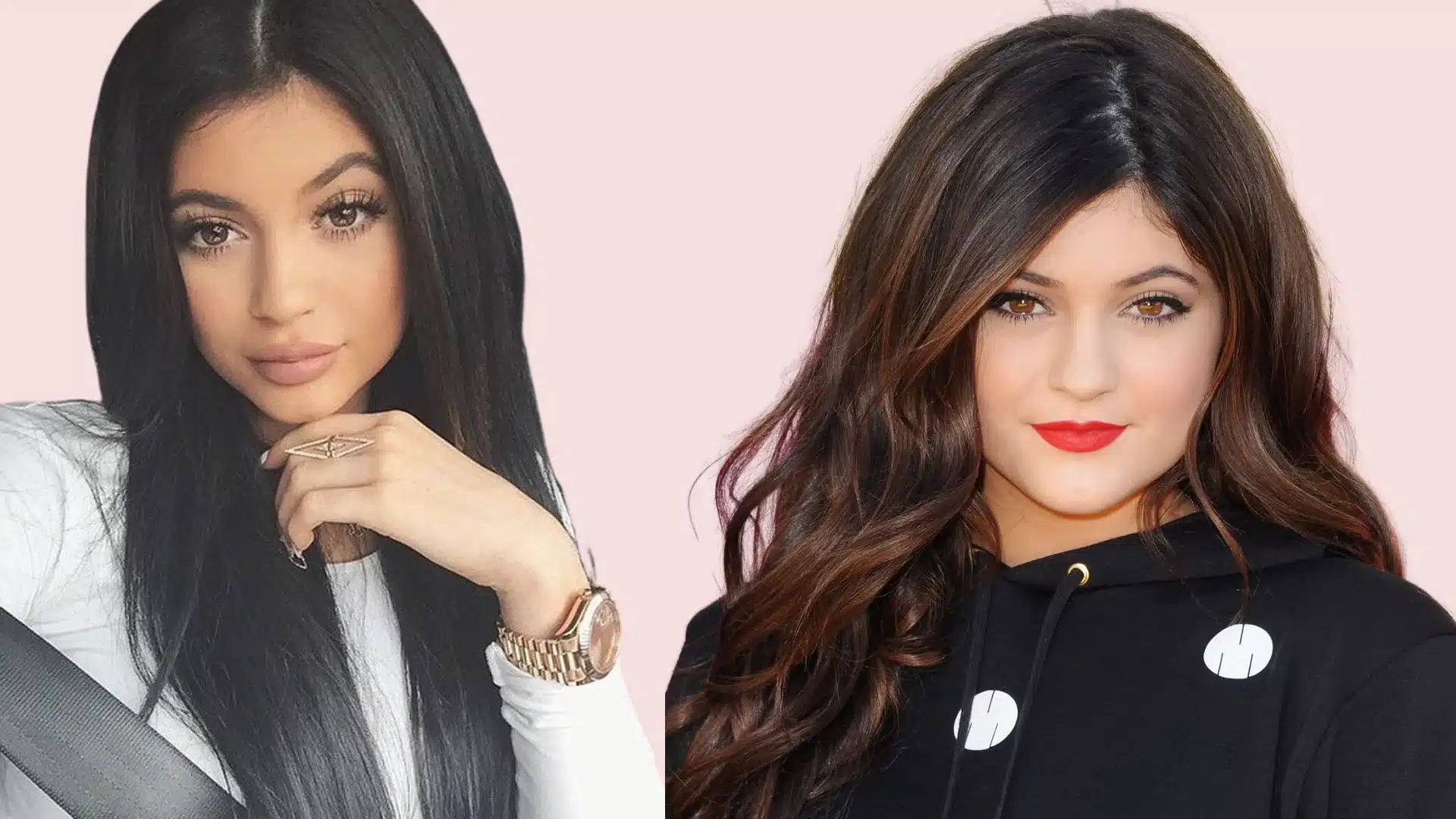 Two images of Kylie Jenner showing heavier makeup, bold lip colors, and thick, defined eye brows