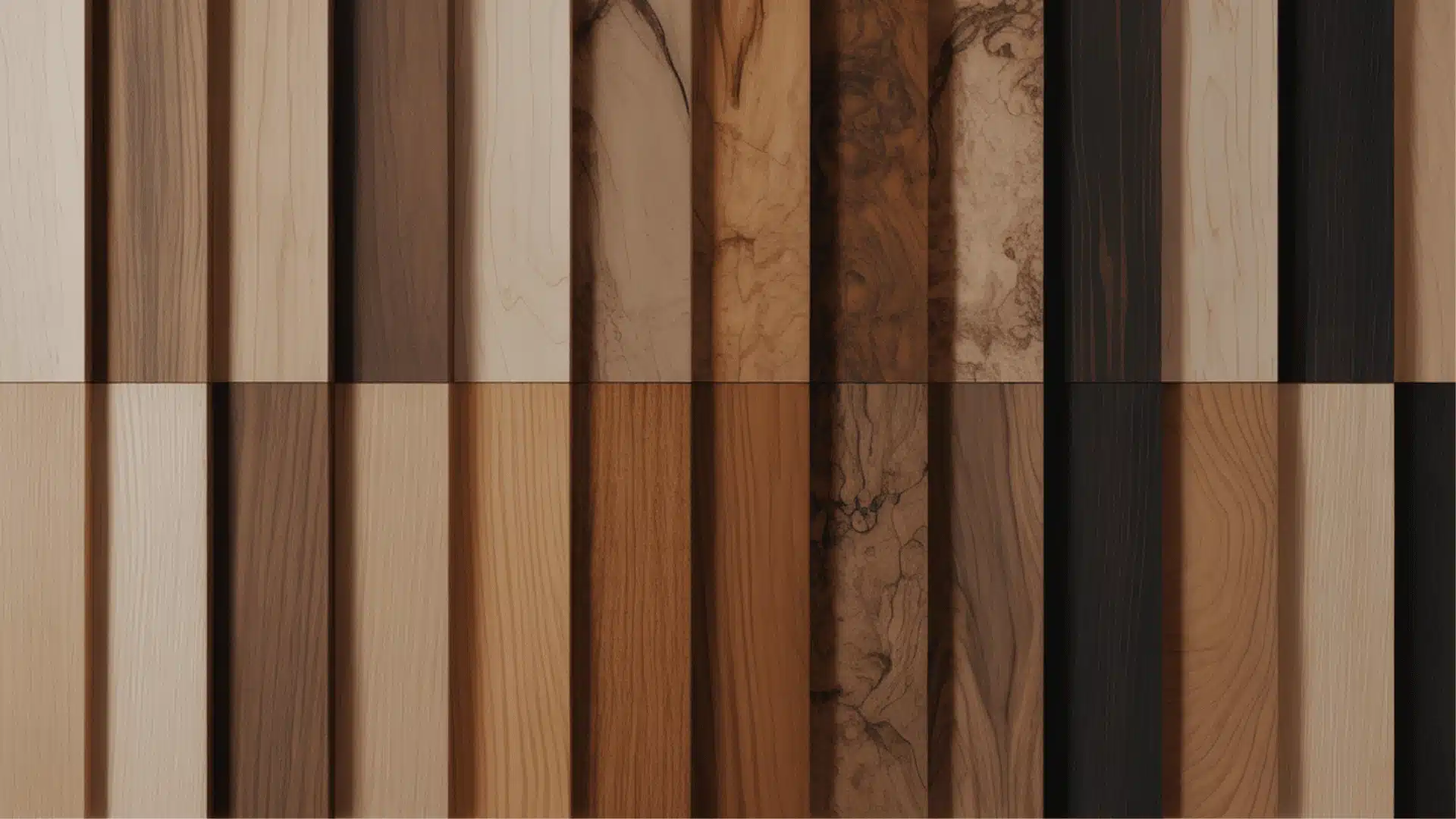 Two rows of vertical wood veneer samples display a variety of natural and dark finishes, showcasing types of wood for furniture