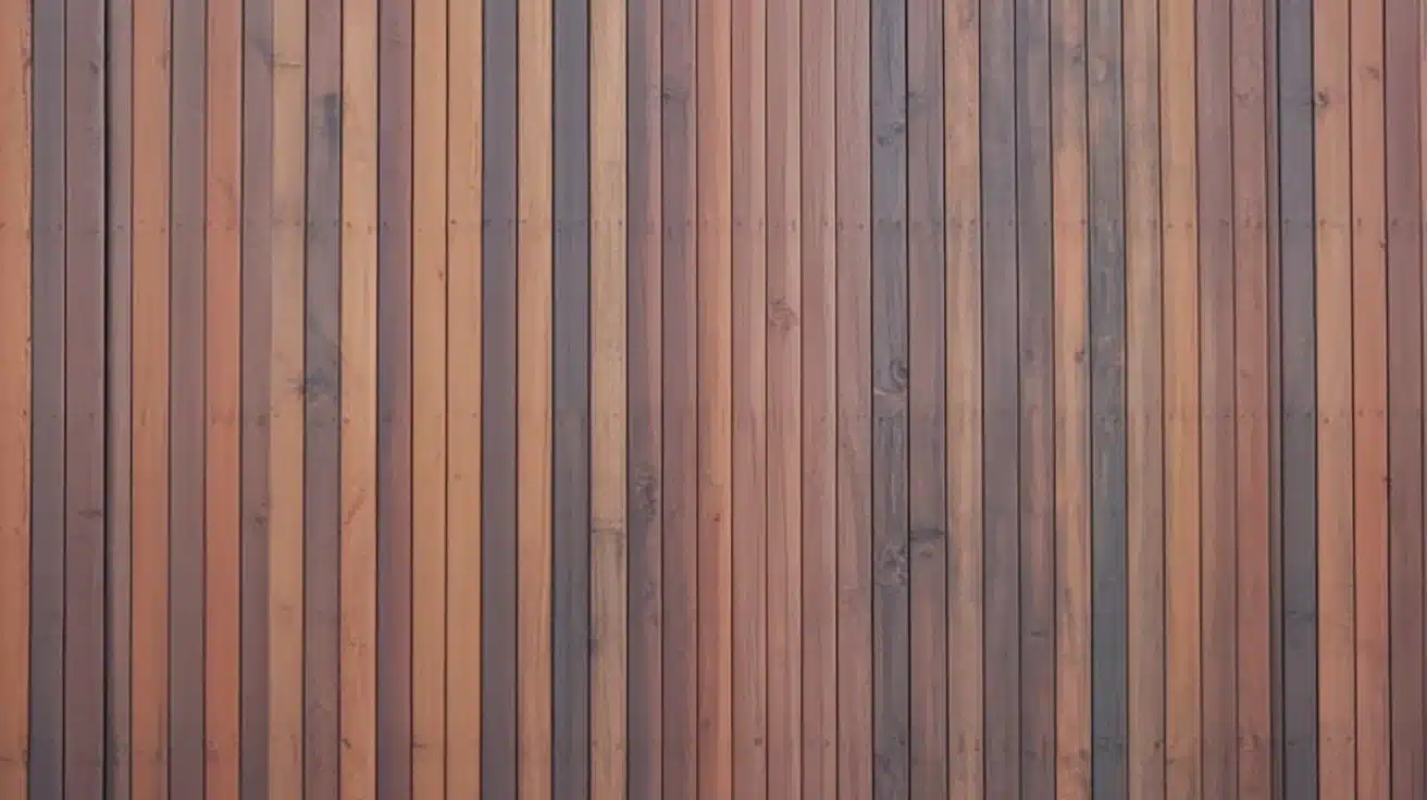 Vertical cedar wooden slats featuring varied reddish-brown and grayish tones create a strong textured background