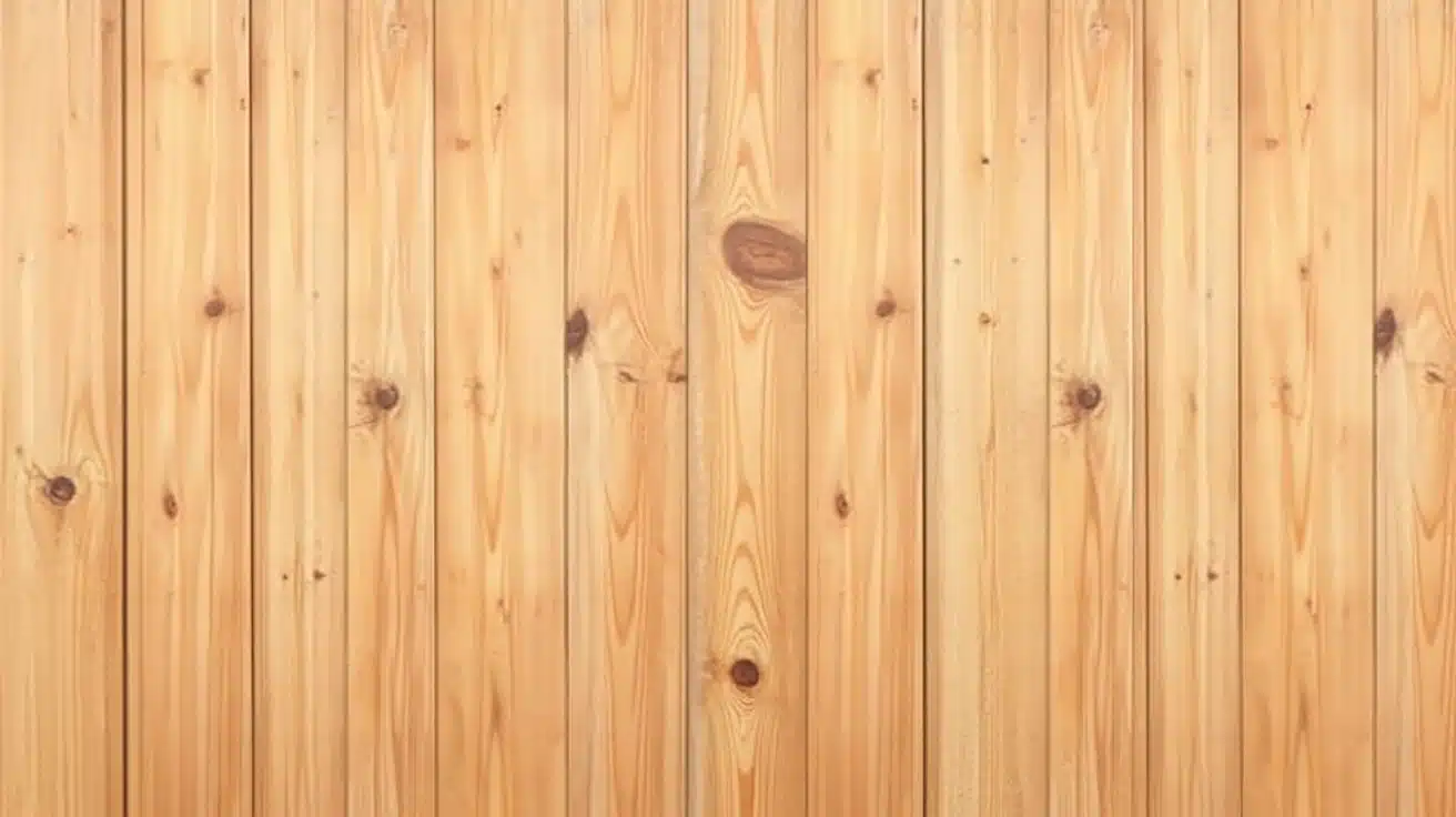 Vertical light-brown pine softwood planks with visible knots form a textured background highlighting the grains and texture
