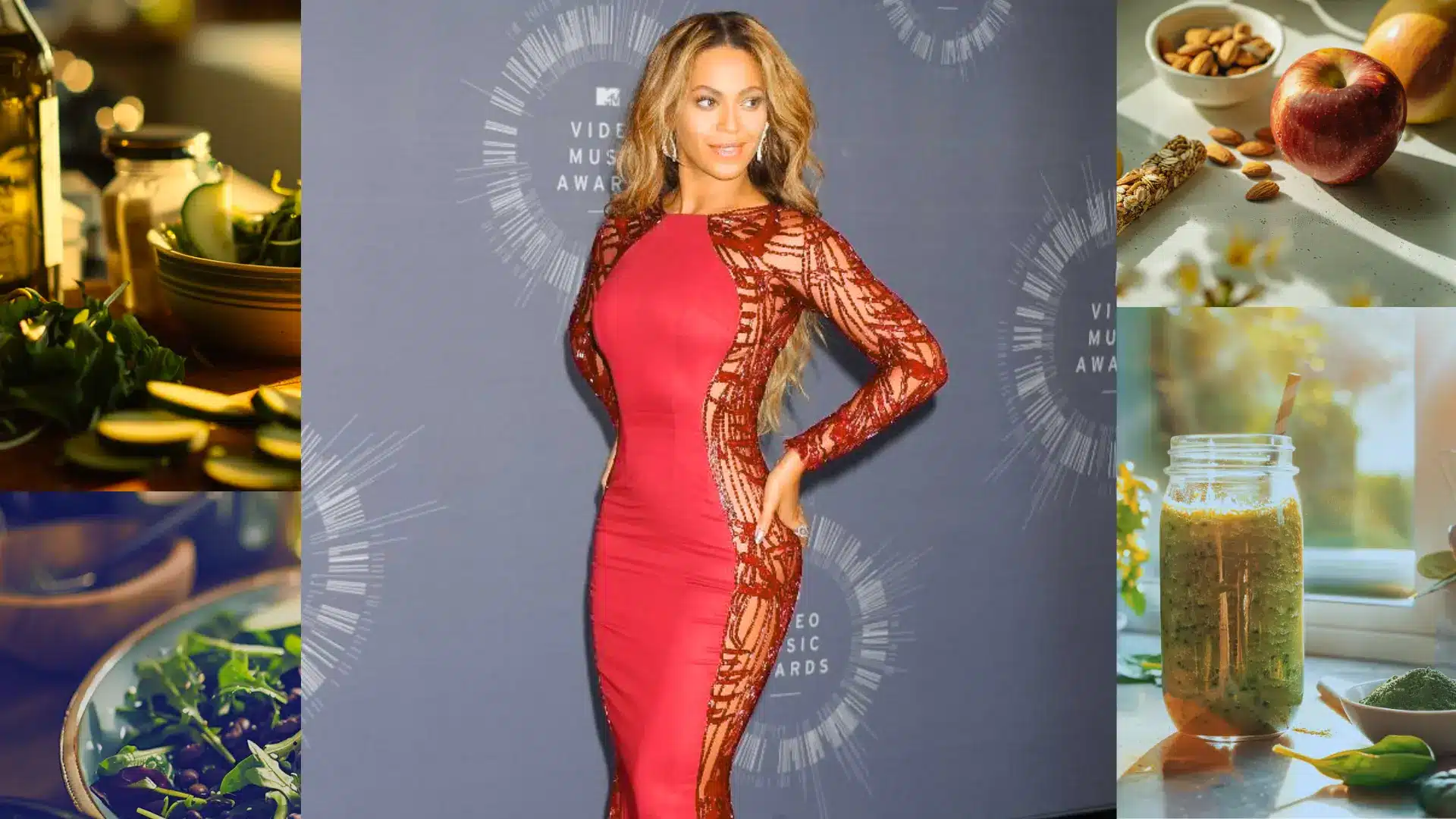 beyonce diet features fresh green smoothies alongside red apples almonds and leafy salads for a healthy daily lifestyle