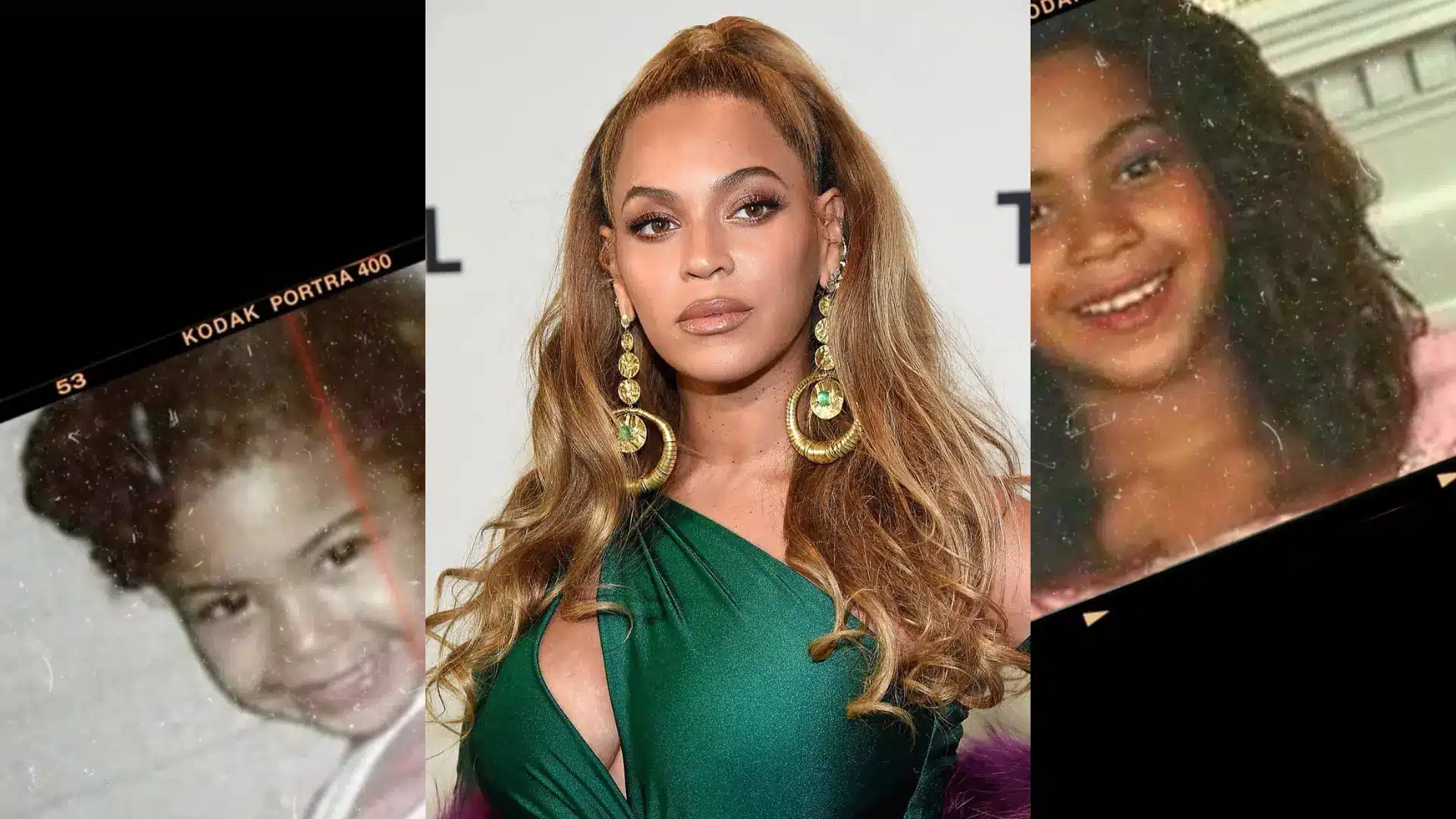 Four portraits of Beyonce are displayed on a brown and orange background showing her various hairstyles and gold jewelry