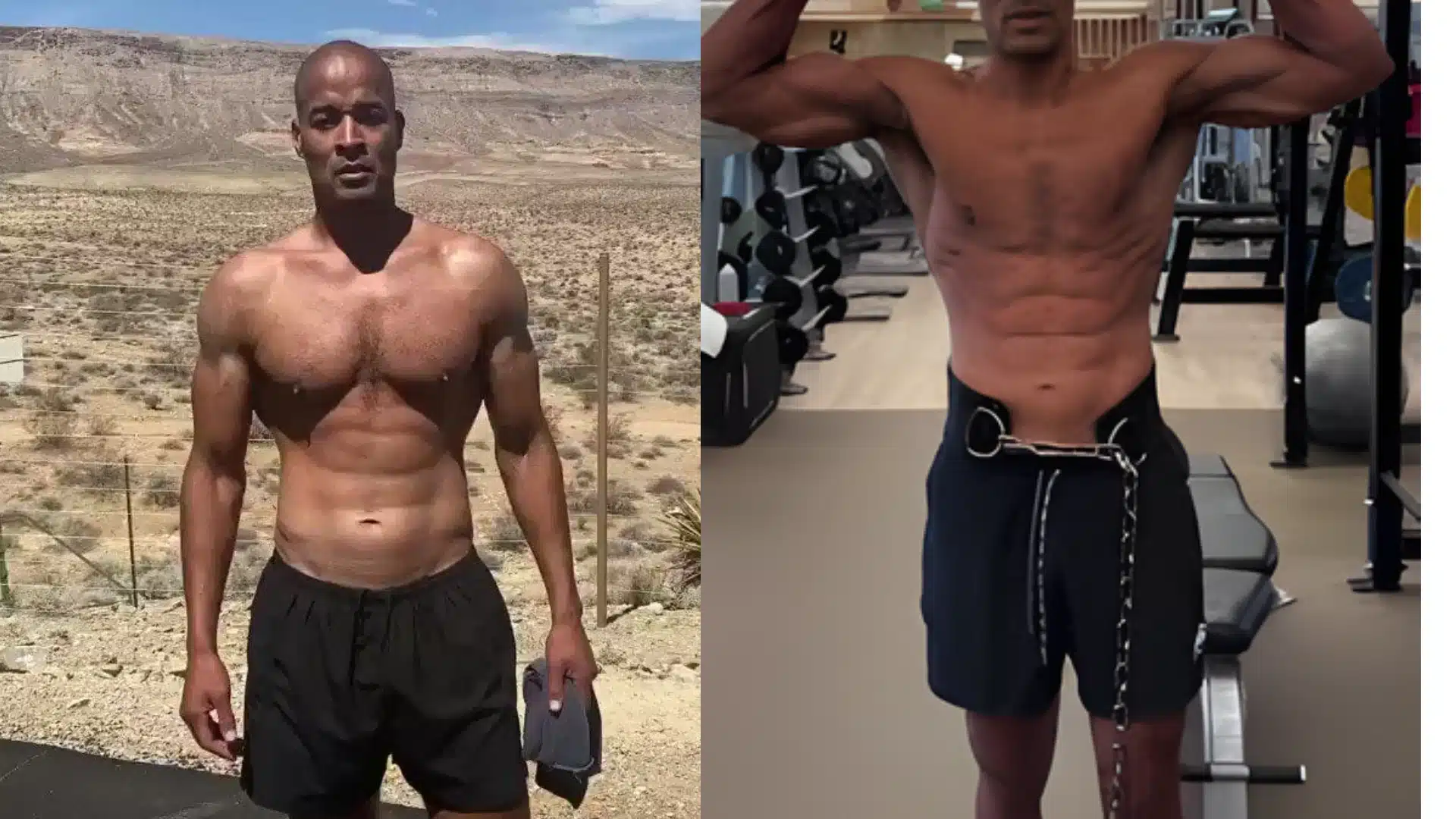 two side by side photos show a muscular david goggins shirtless outdoors in a desert and indoors while at a fitness gym