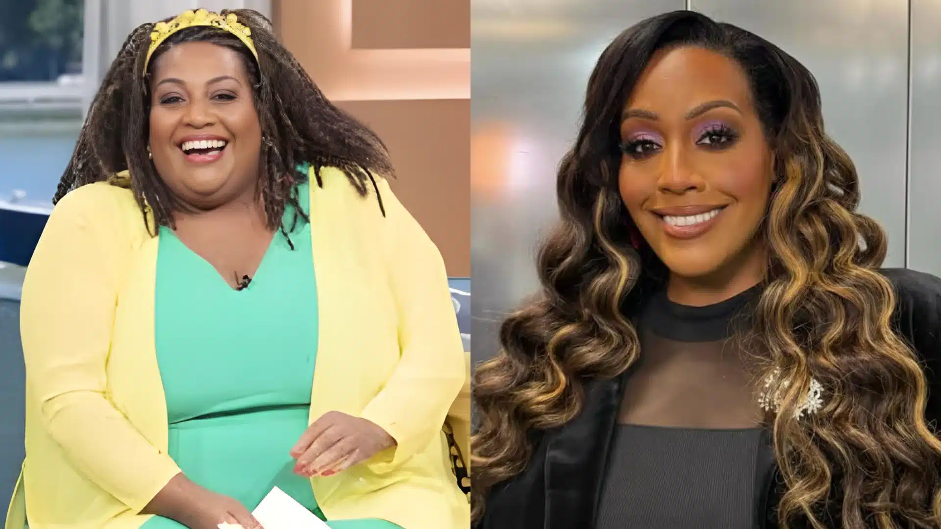 A split screen image of before Alison Hammond’s weight loss on the left, next to her after weight loss image