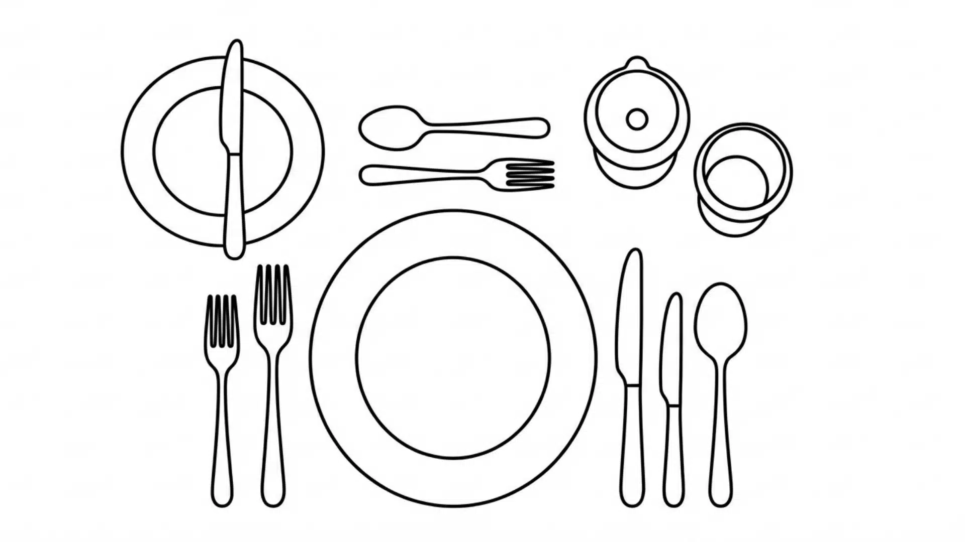 A table setting diagram featuring a dinner plate and utensils showcasing proper dining arrangement
