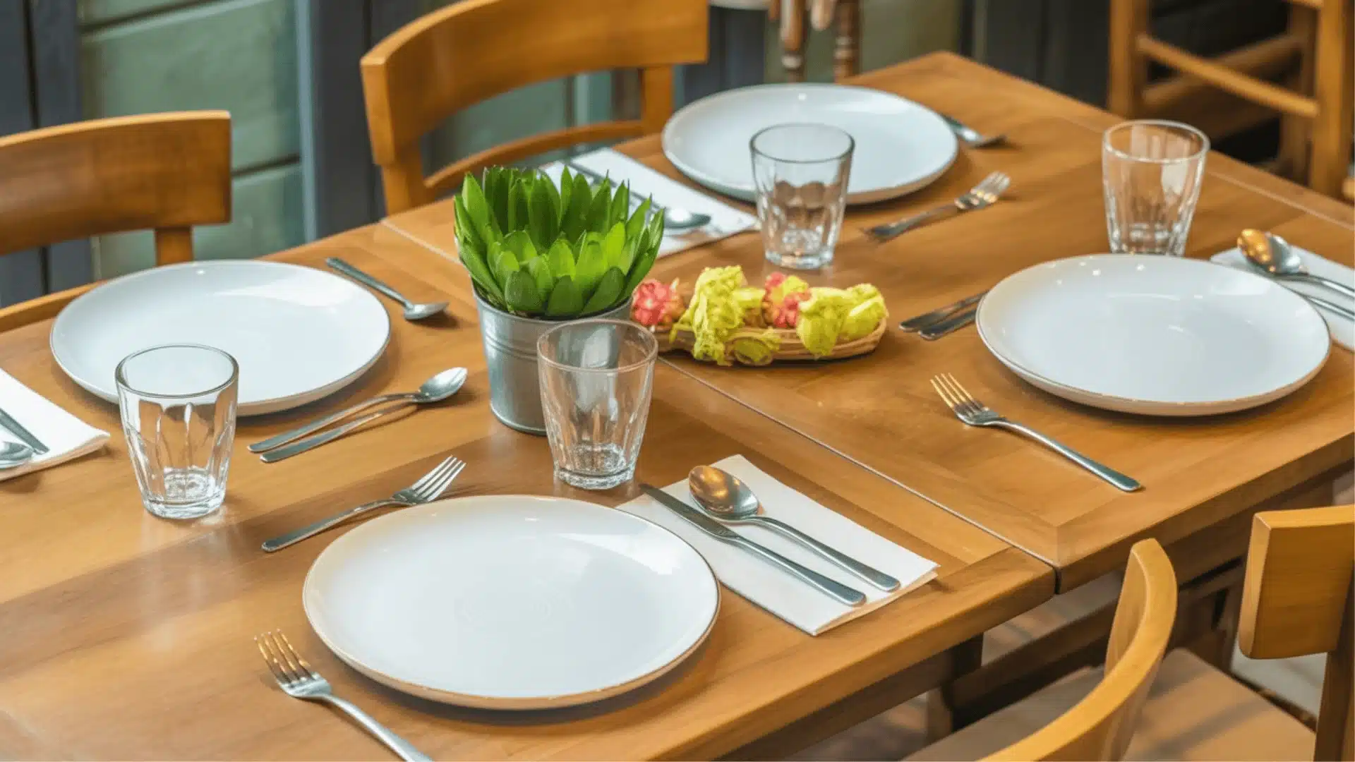 A wooden dining table exhibits for four with white plates, clear glasses, silverware, and a small fruit basket arranged by a table setting diagram