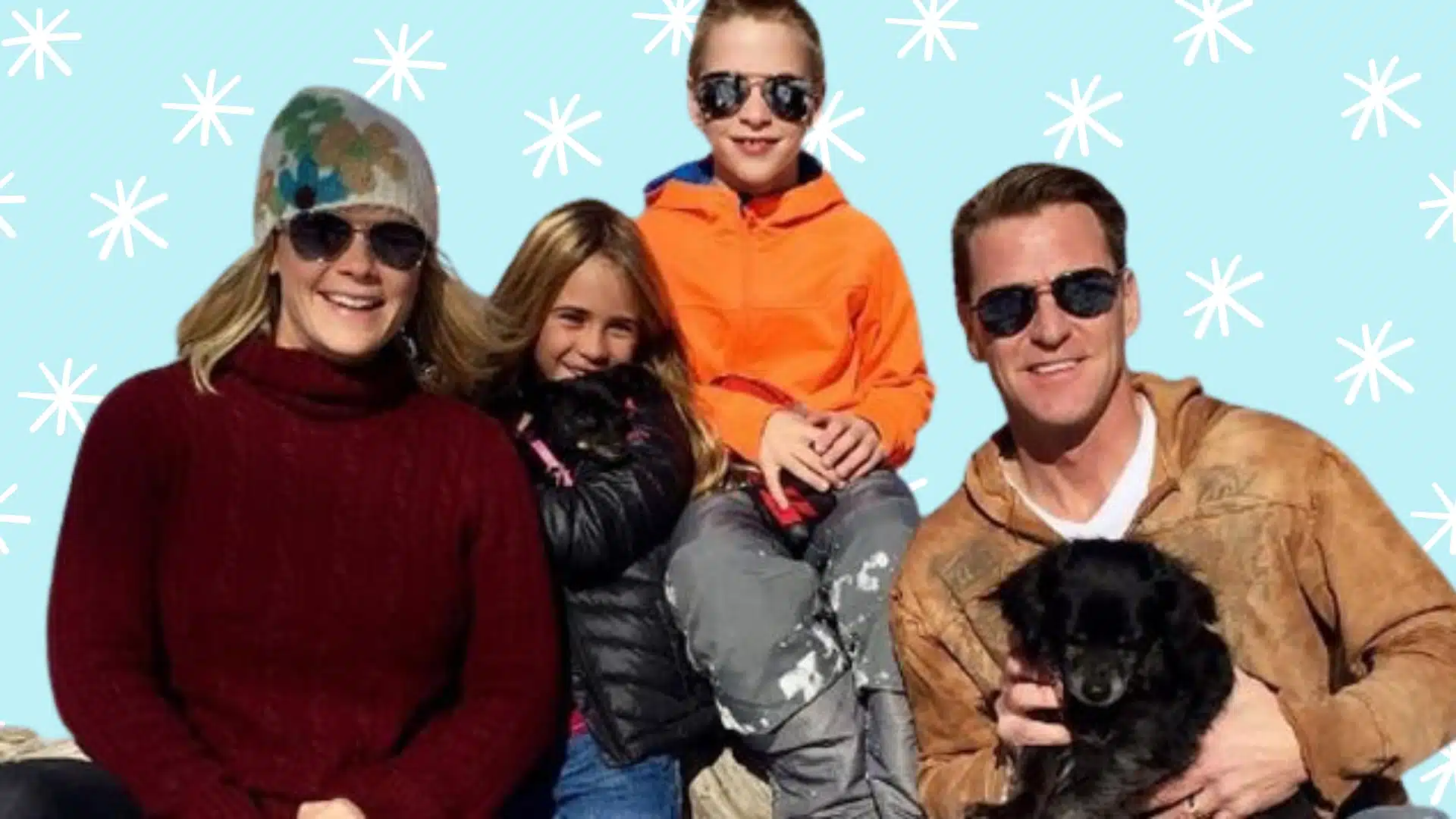 Alison Sweeney with her family, husband David, and her kids, Benjamin and Megan, and their dog, against a blue background with snowflakes