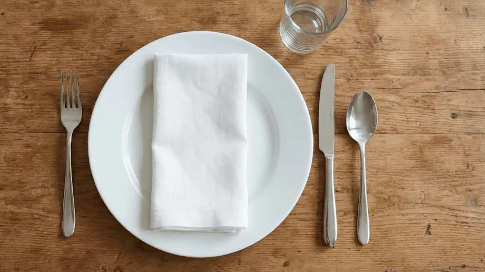 Basic table setting featuring a white plate with a folded white napkin, silverware, and a glass on a rustic wooden table