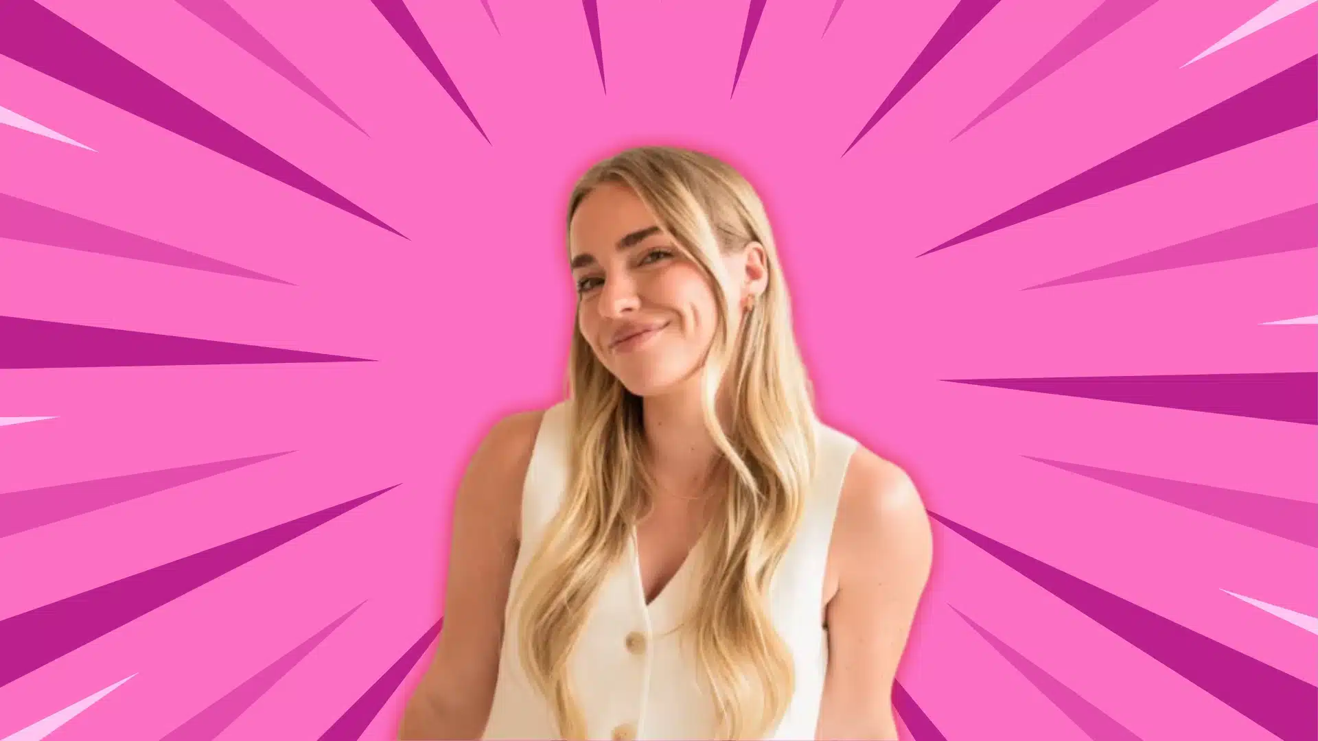 Emilie Kiser in a white vest smiling against a bright pink background with fiery purple sunburst lines