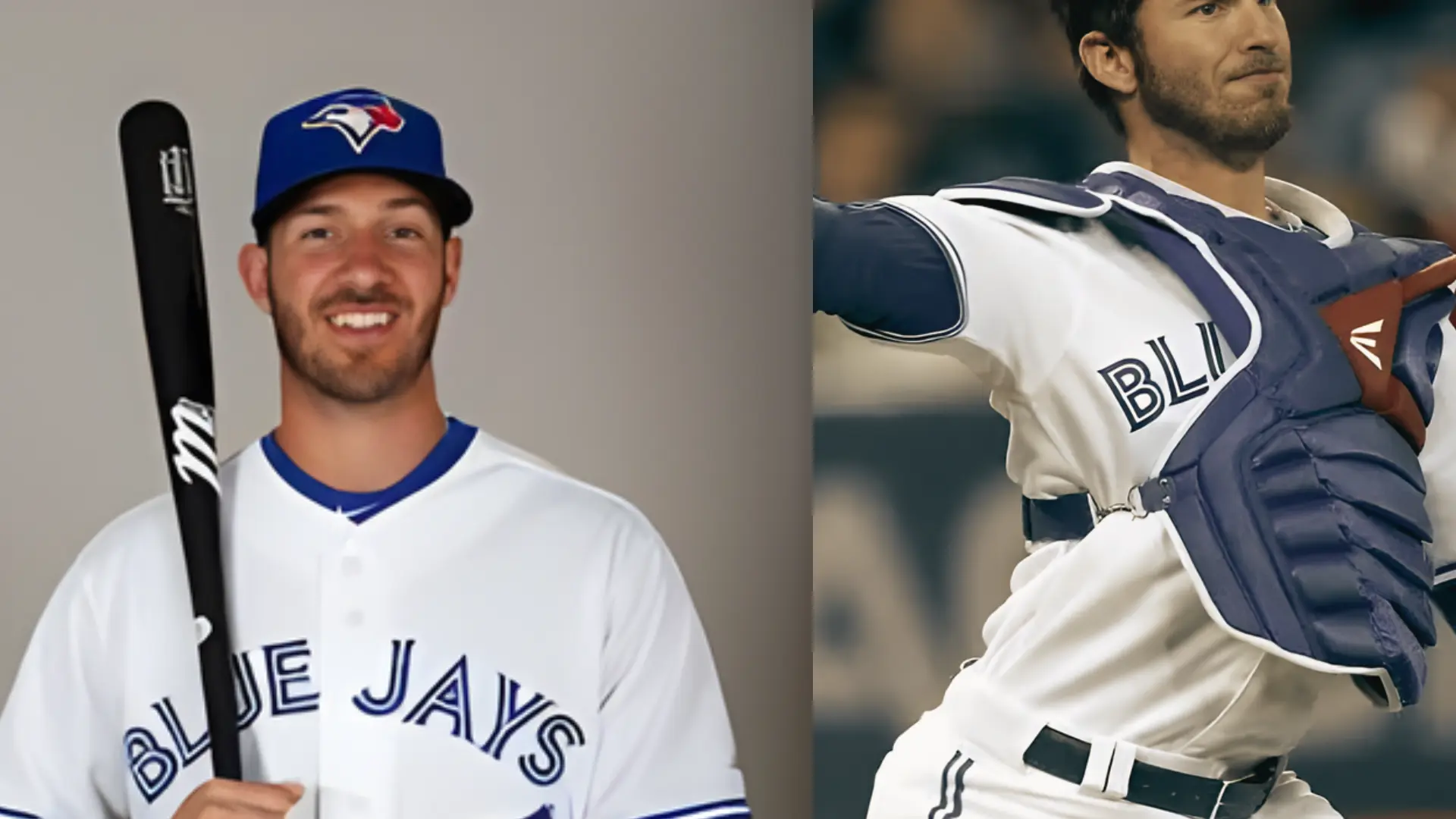 Split view of a professional baseball player in a blue jays uniform holding a bat and in catchers gear on the field