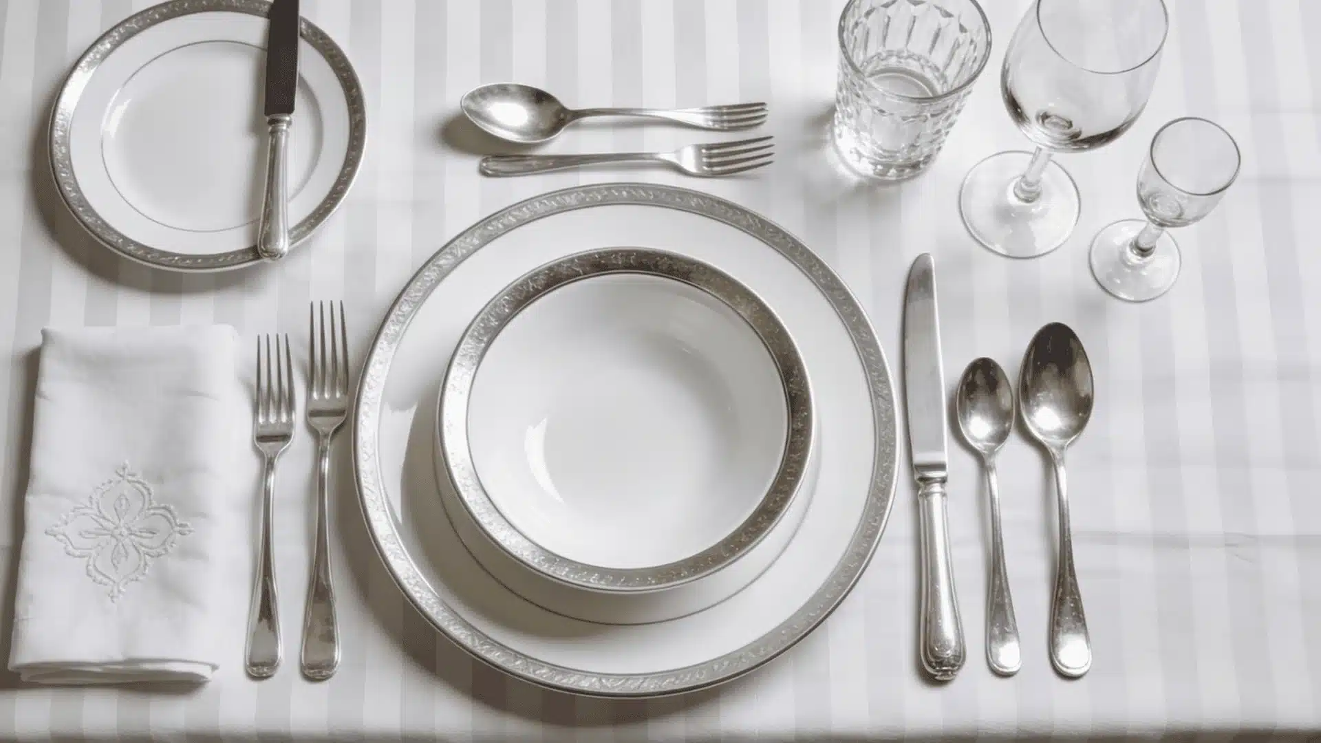 Table setting diagram for a five-course meal showcasing silverware arranged with a folded napkin