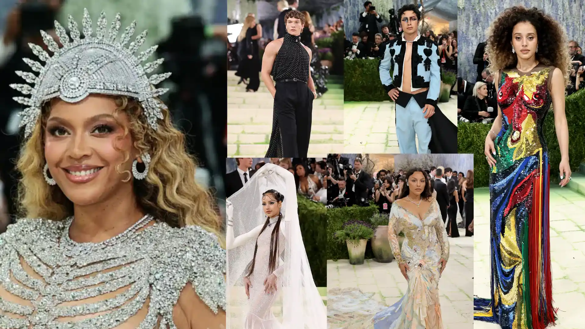 A collage of stars like Beyonce and Lisa at the Met Gala wearing creative outfits and headpieces on the green carpet