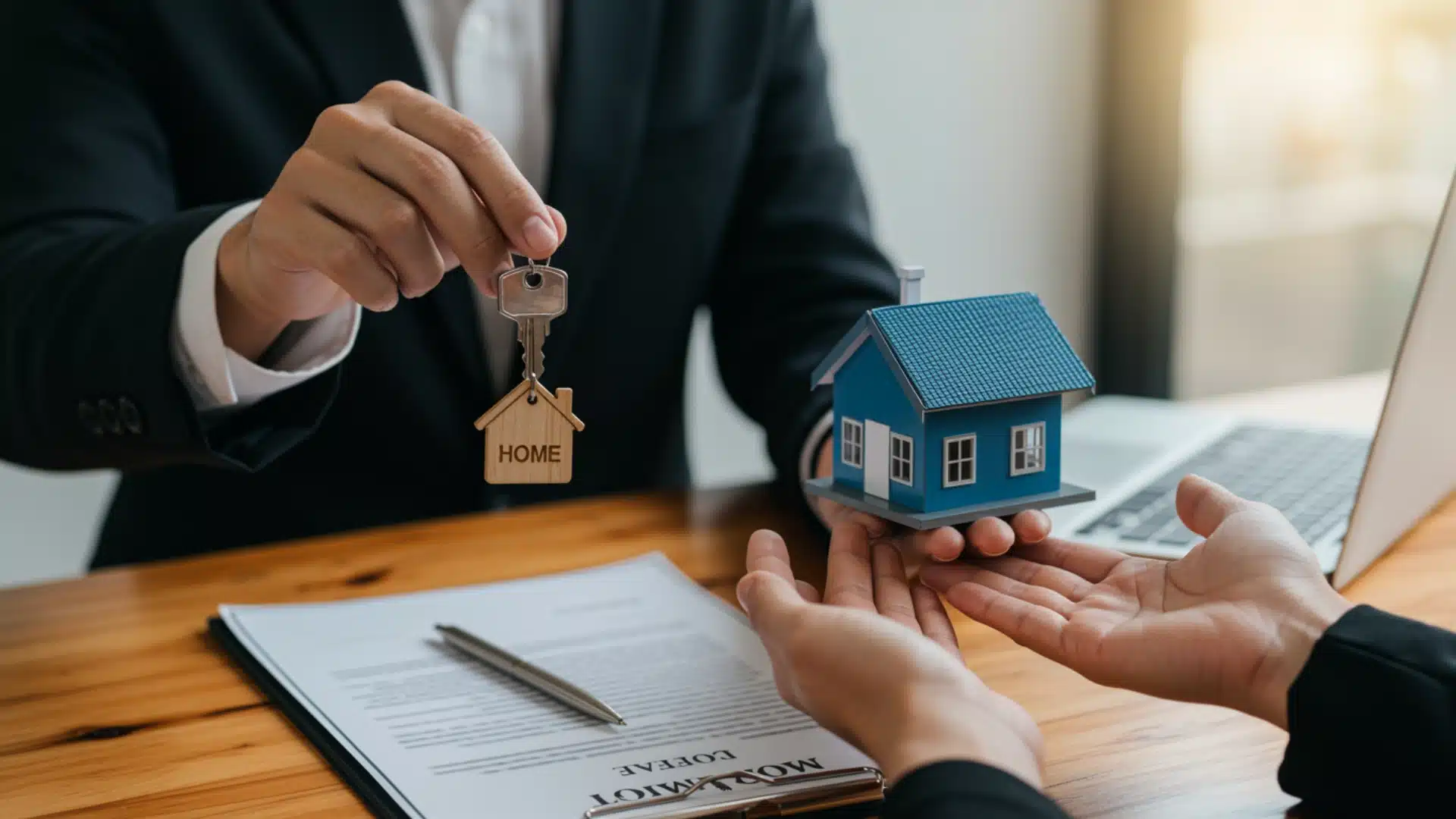 A real estate agent hands house keys to a smiling couple, symbolizing their new home ownership.