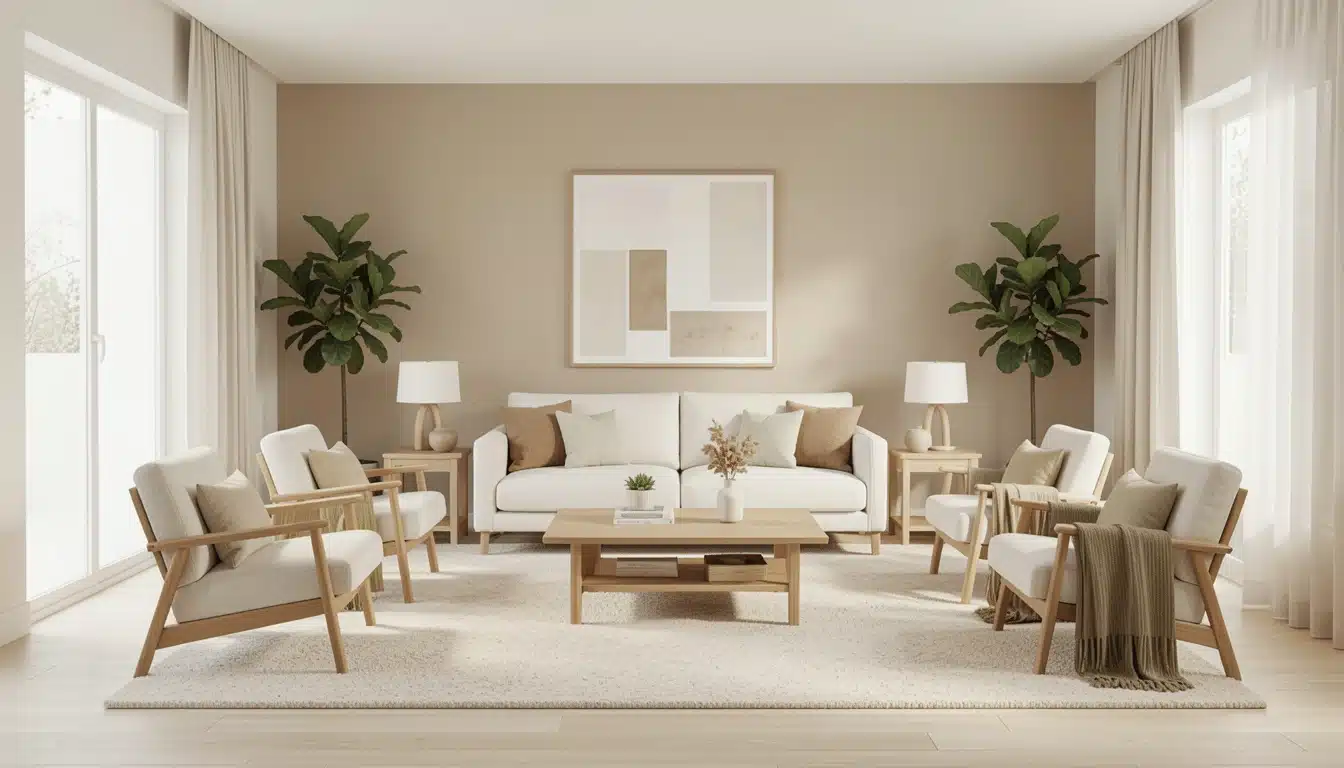 A bright, neutral living room featuring a white sofa, two wooden framed armchairs, a light wood coffee table, and a framed abstract painting on a beige wall.