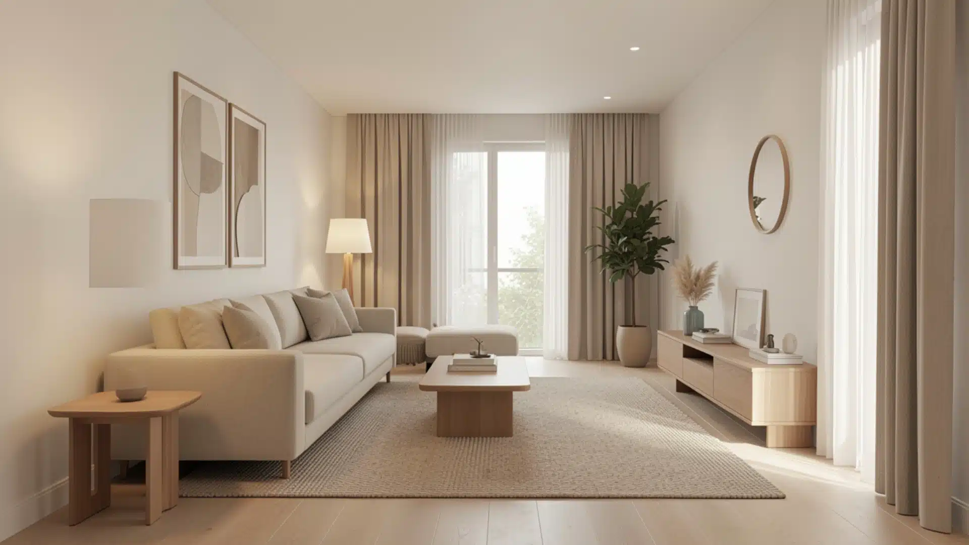 A brightly lit, modern living room featuring a light beige sectional sofa, wooden coffee table, textured rug, and floor to ceiling neutral curtains framing a glass door.