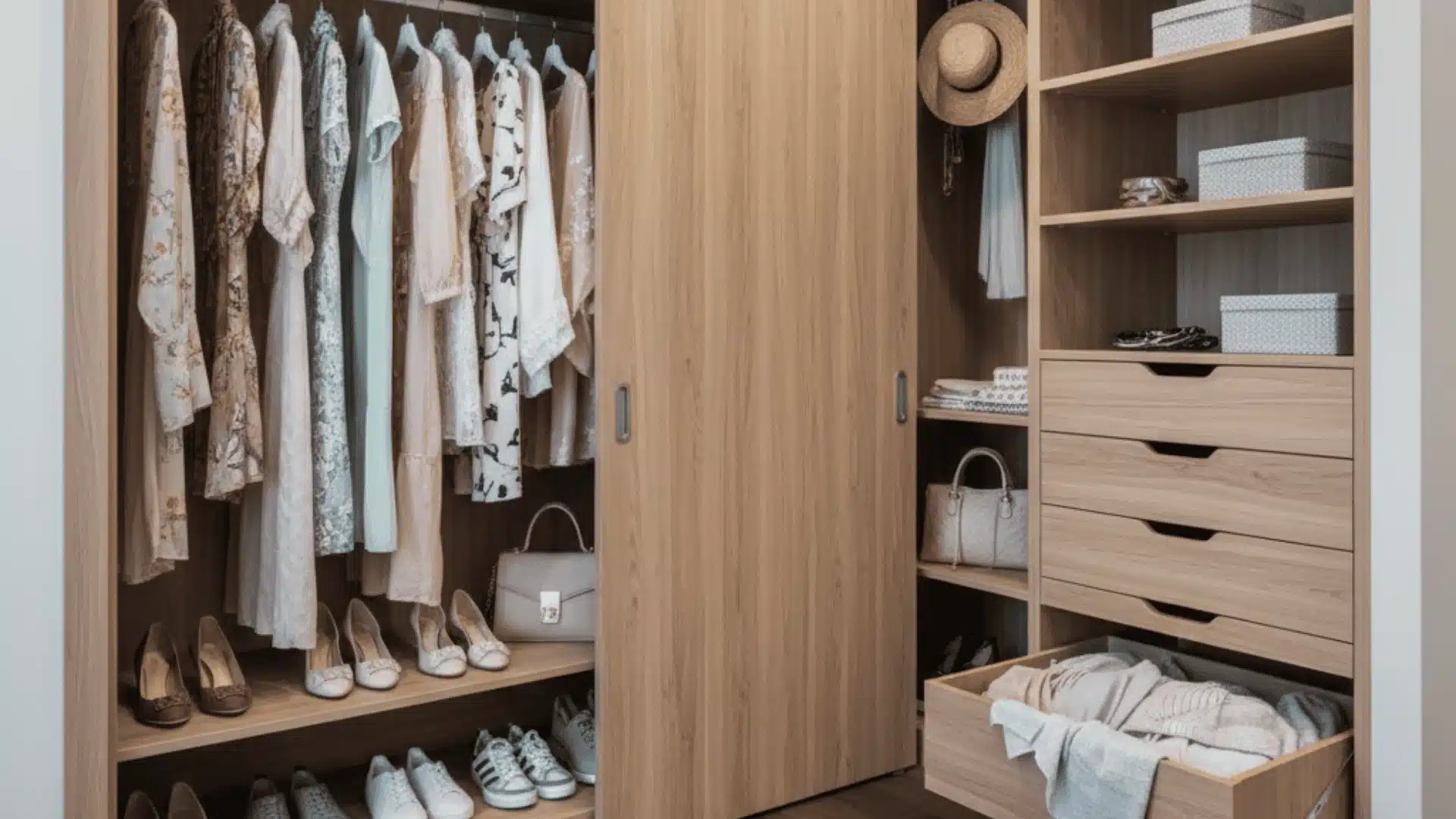 A closet displaying various clothes and shoes on shelves, illustrating effective organization techniques for personal items