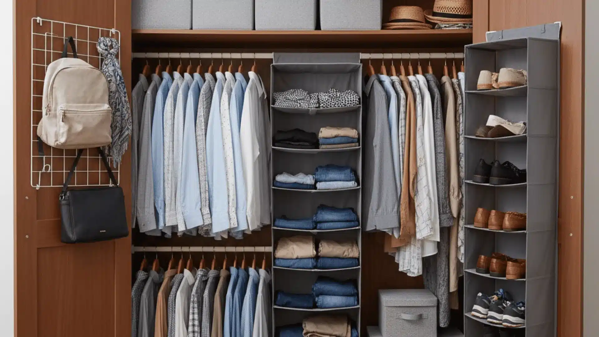 A closet displaying various clothes hanging on shelves, and on backdoors illustrating an efficient use of backdoor storage