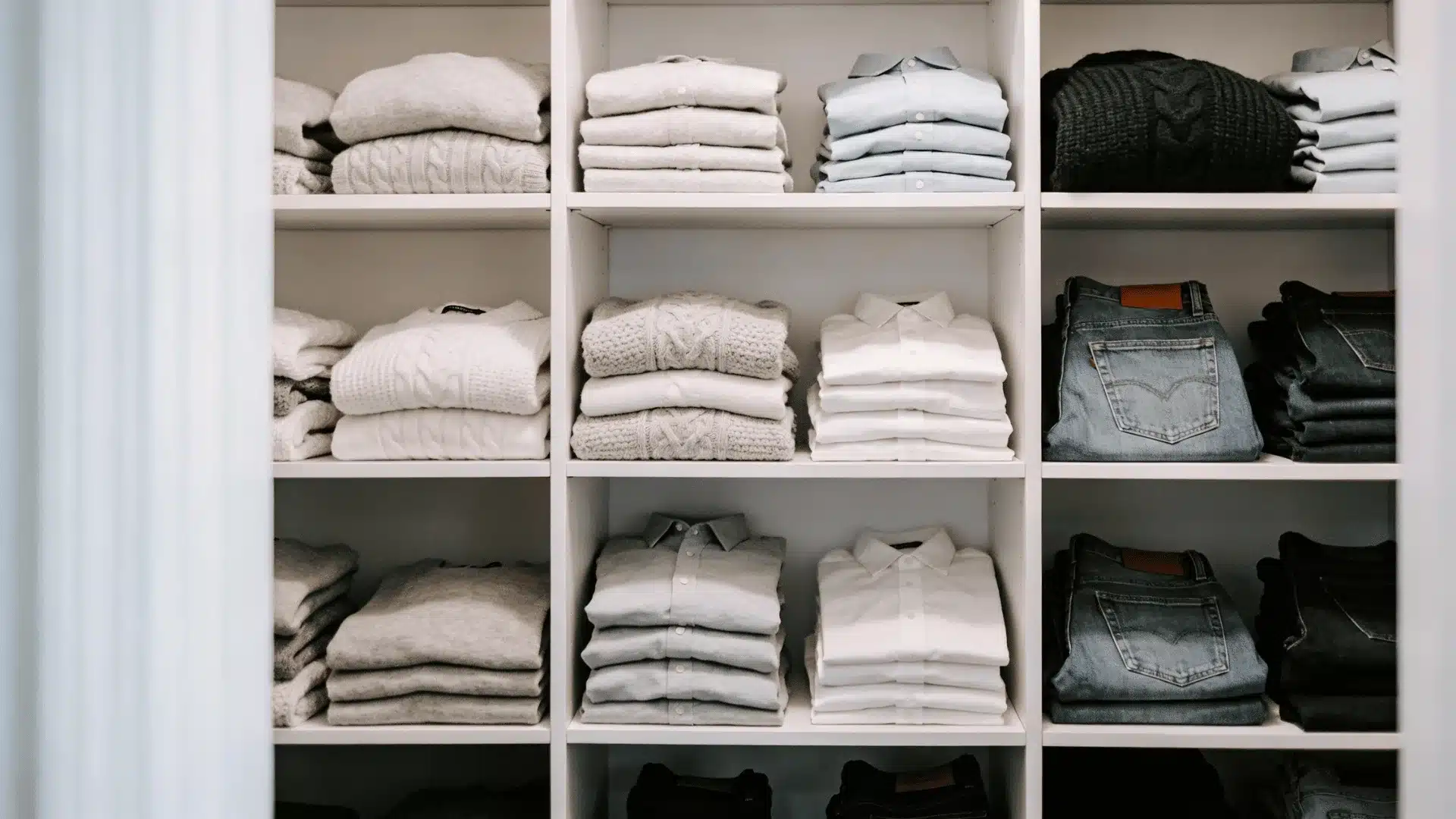 A closet filled with neatly folded clothes on shelves, showcasing the File-Fold Technique for organized storage