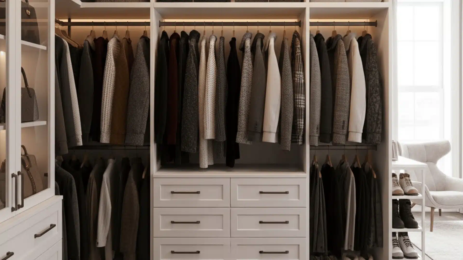 A closet filled with winter-seasoned clothes and accessories, organized for easy rotation throughout different seasons