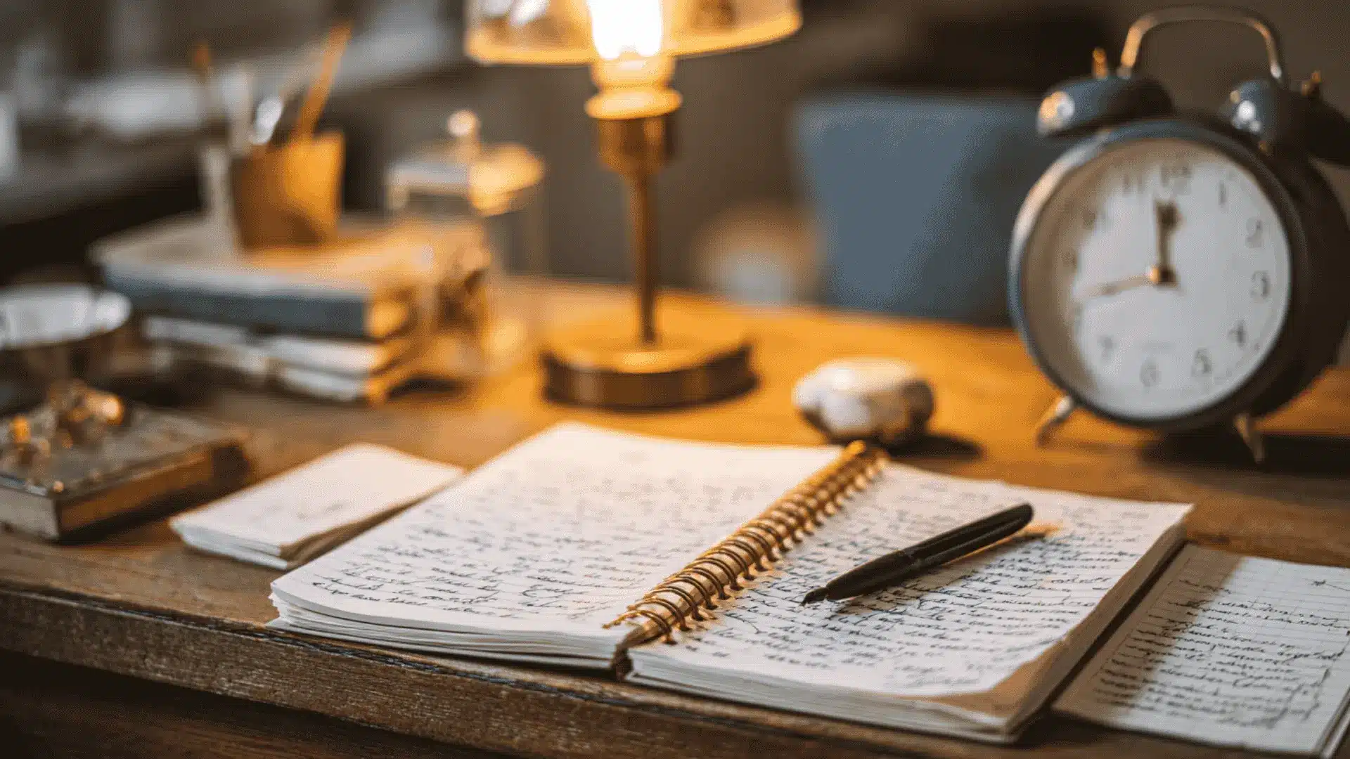 A desk setup with a pen notebook clock and lamp representing an environment for fast overnight script memorization