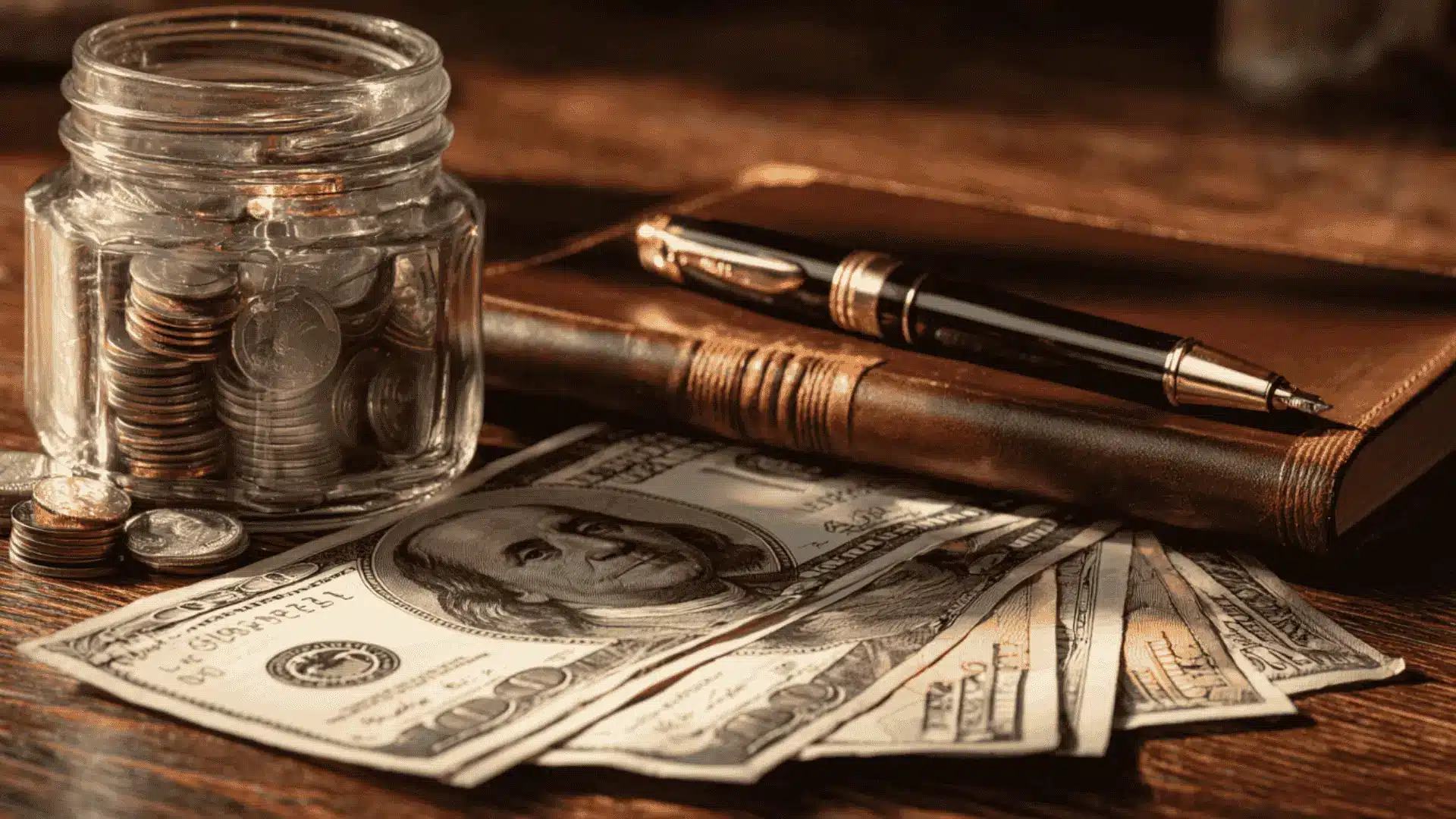 A jar of coins some notes and a pen are placed on a wooden table encouraging strategies for low risk investments