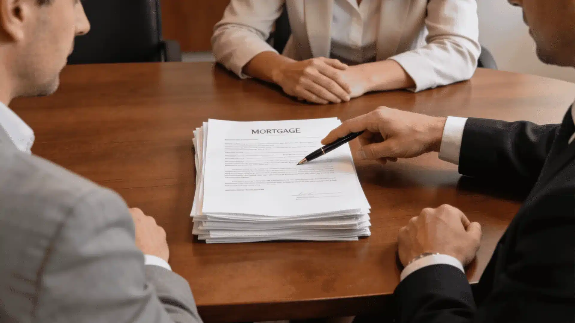 A man and woman are seated at a table preparing to sign a document for the clear to close process