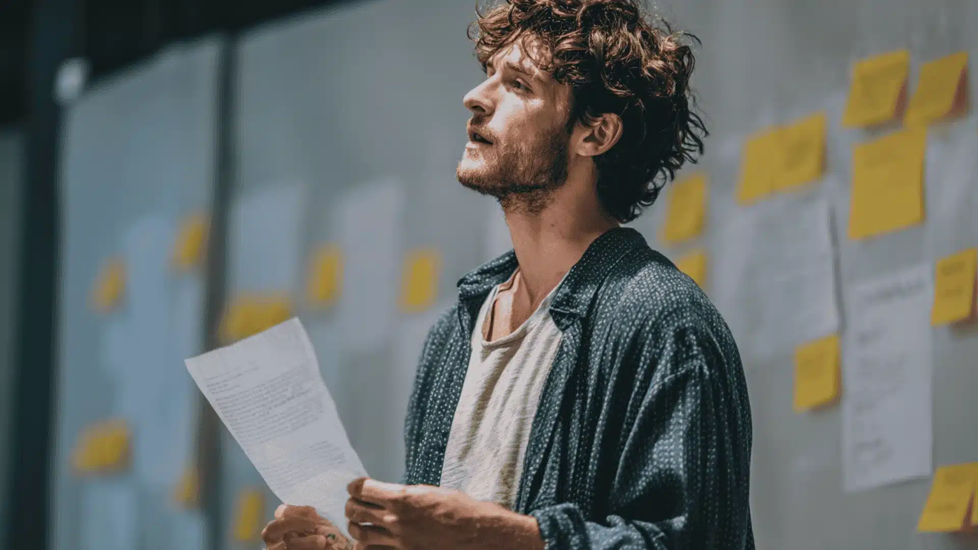 A man stands before a whiteboard covered in papers stressed by how to memorize a script fast