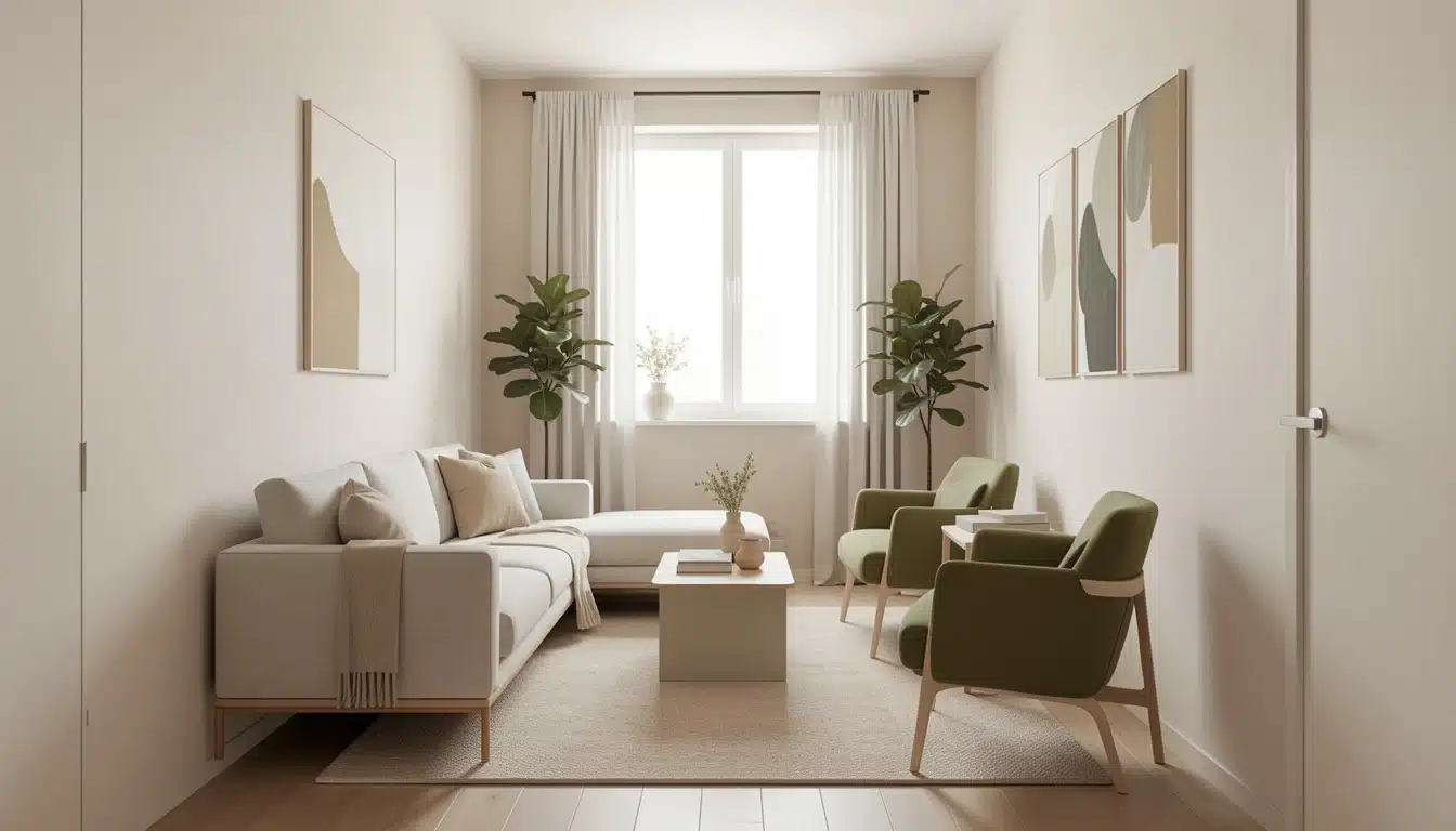 A narrow living room with a white sectional sofa, two olive green armchairs, a light coffee table, and large fiddle leaf fig plants flanking a bright window.