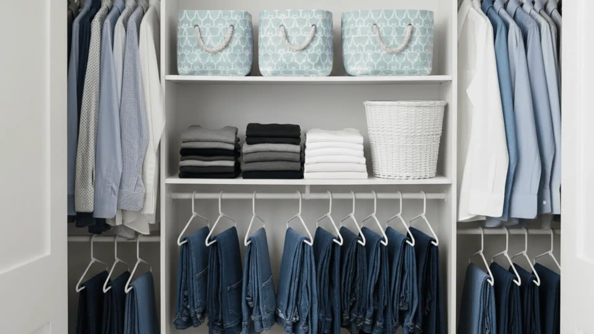 A neatly organized closet displaying different types of clothing, featuring a design that maximizes hanging space
