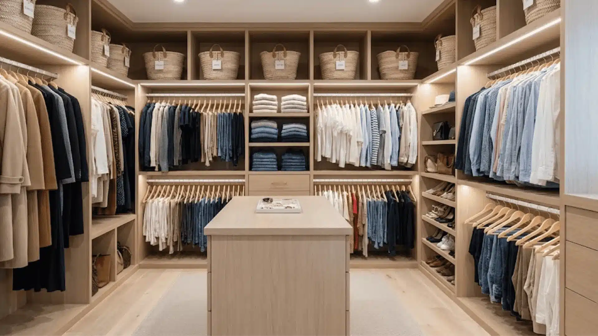 A spacious walk-in closet featuring wooden shelves filled with neatly arranged clothes, showcasing closet organization ideas