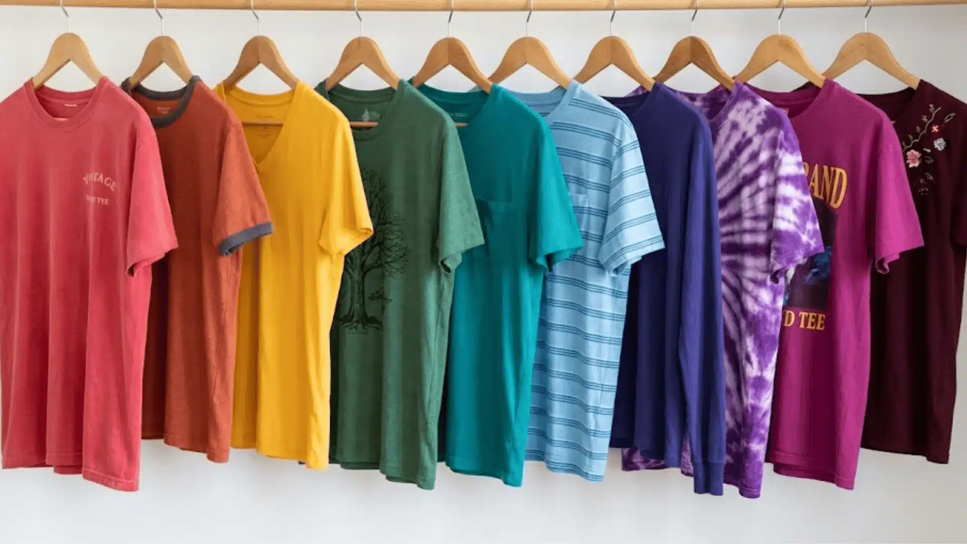 A variety of bright t-shirts on a hanger, displaying closet storage on the basis of color code and patterns for quick viusal selection