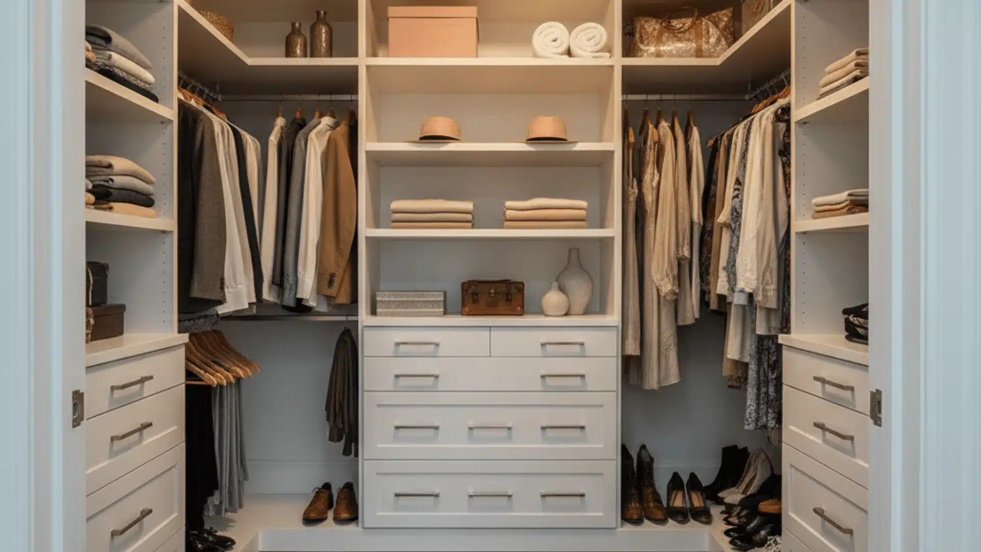 A well-organized walk-in closet with drawers and clothing, providing a convenient space for quick access to accessories