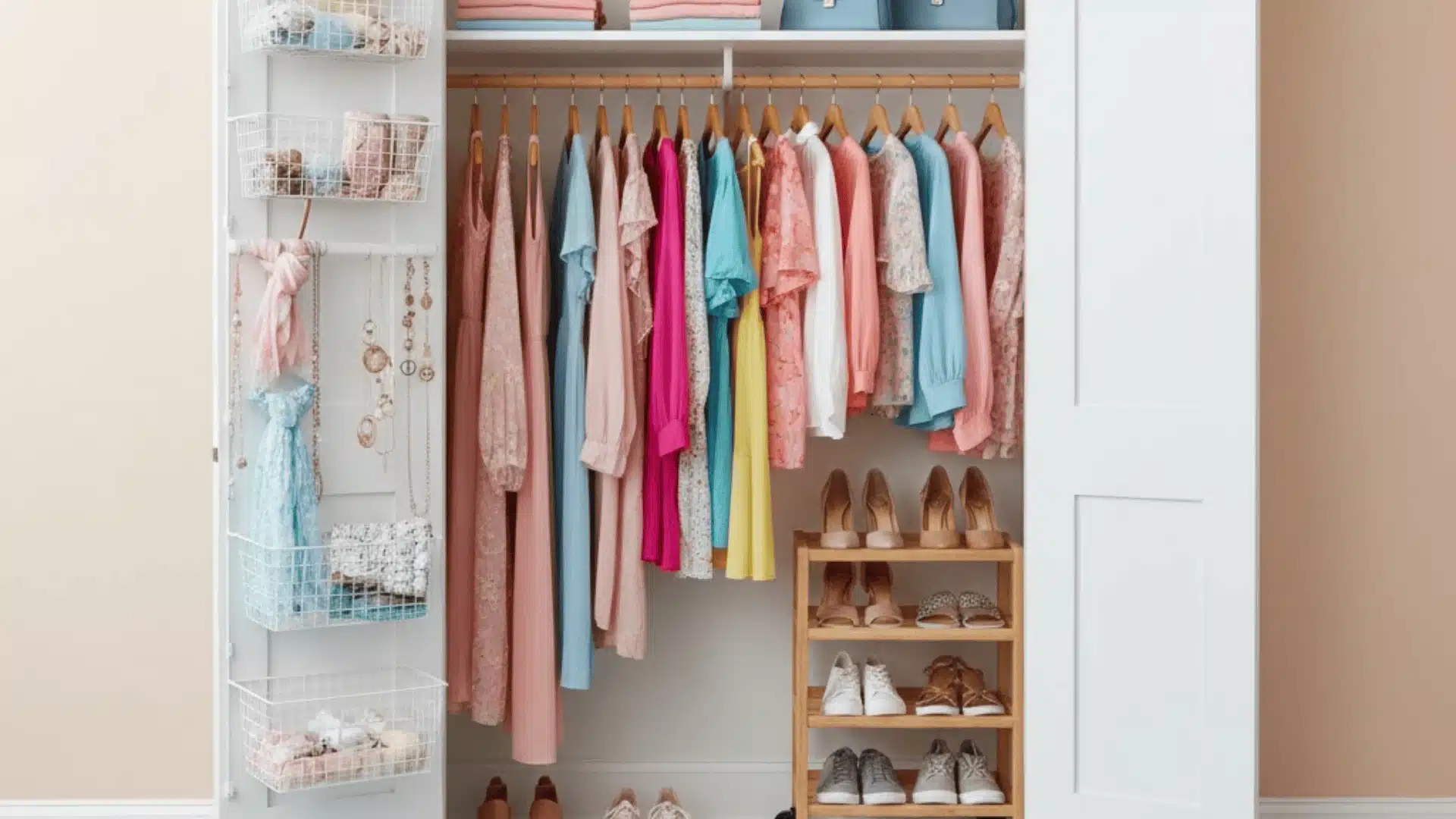 A white door creative closet idea with shelves, illustrating a functional yet stylish storage solution for any space