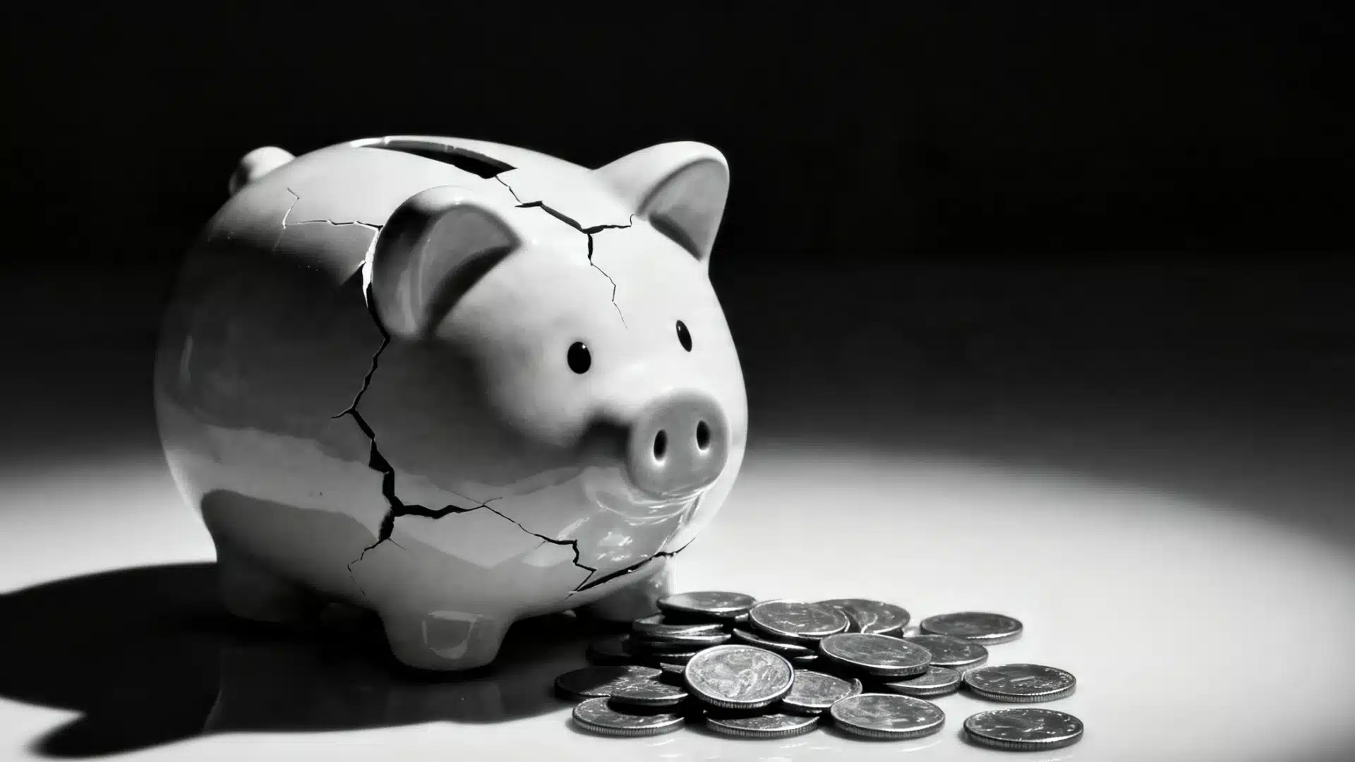 Black and white image of a cracked, empty piggy bank sitting next to a small pile of scattered coins under dramatic lighting