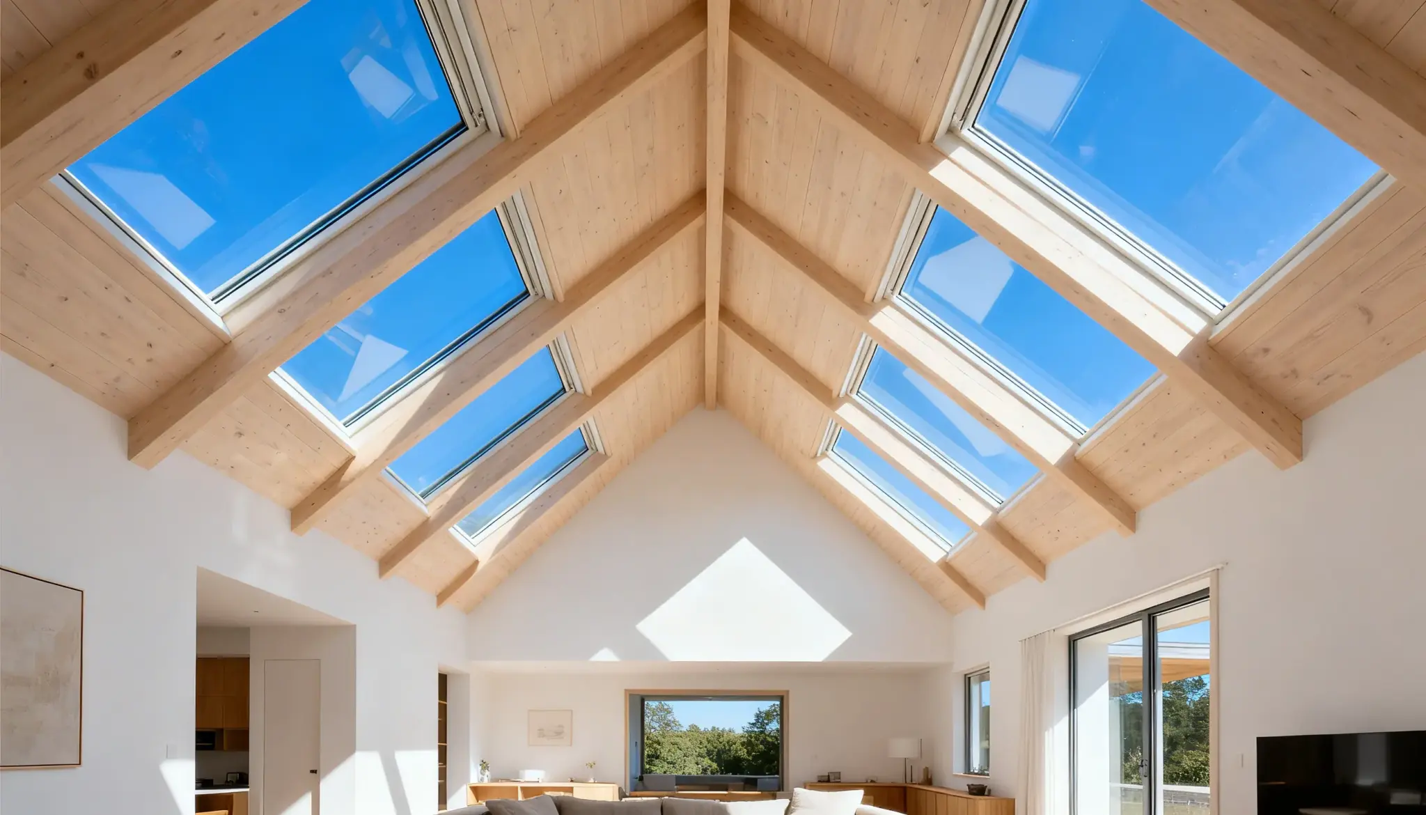 Bright living room featuring a cathederal light wood-beamed ceiling punctuated by multiple rectangular skylights opening to a clear blue sky.