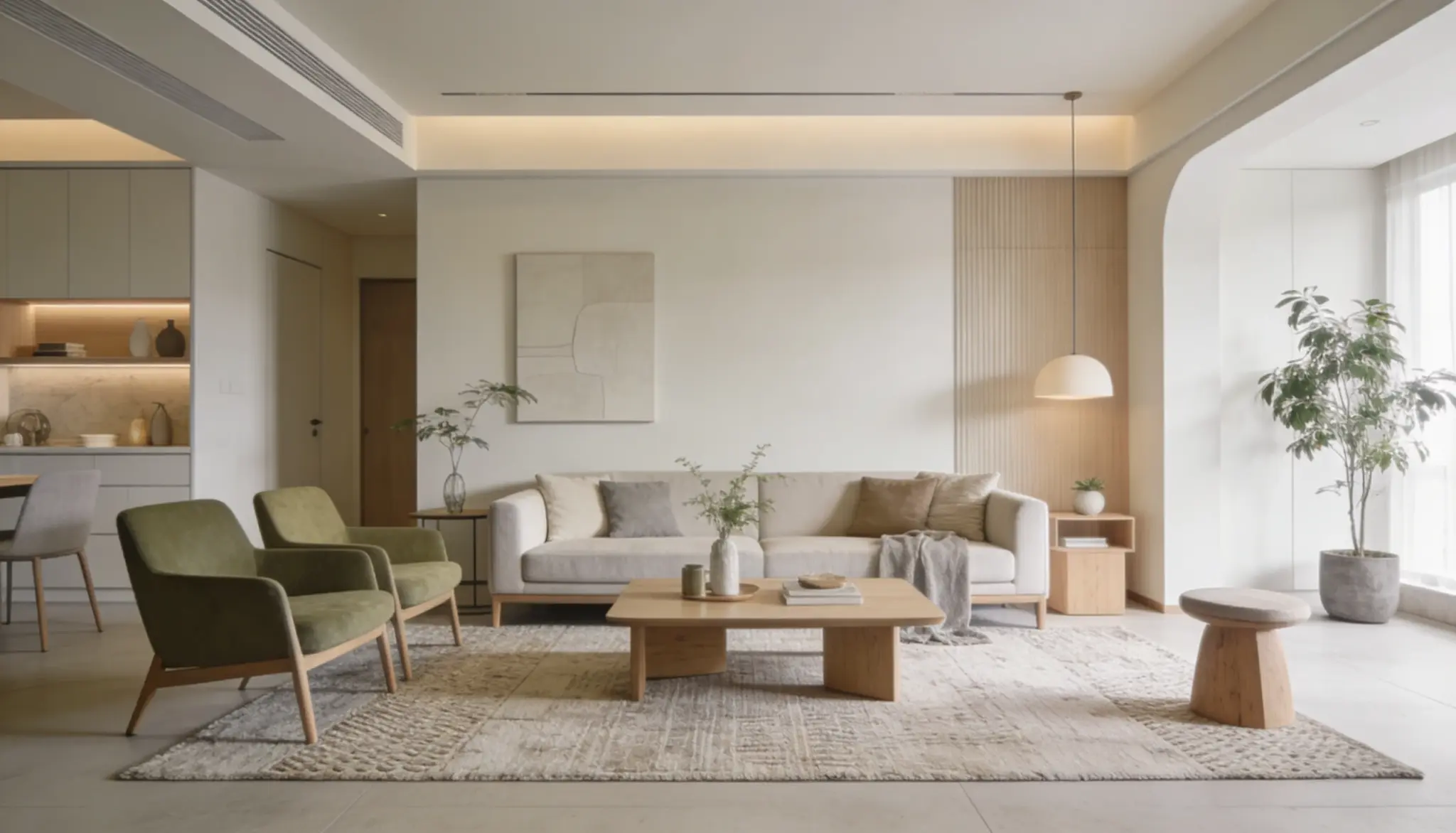 Bright, minimalist living room featuring a light colored sofa, two olive green accent chairs, a wooden coffee table, and recessed lighting.