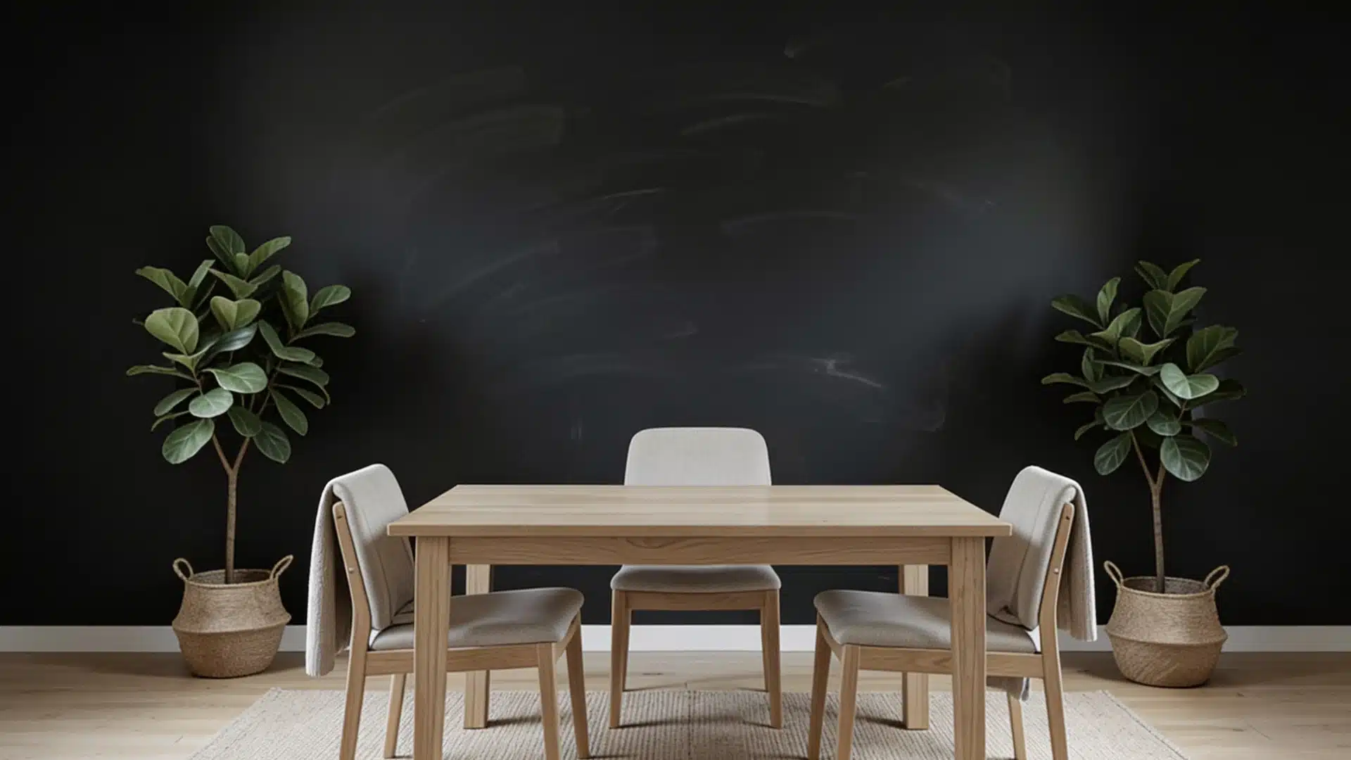 A light wood dining table and four upholstered chairs sit on a rug against a black chalkboard wall