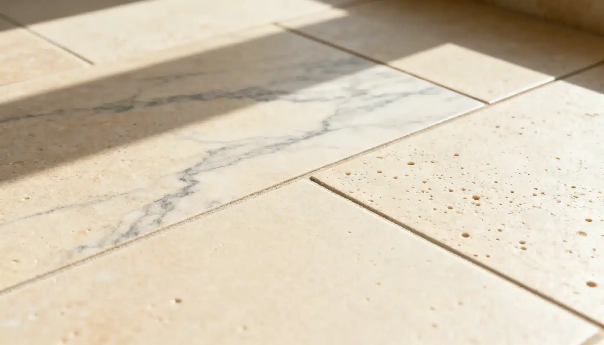 Close-up of beige, naturally pitted travertine and smooth white marble tiles with dark veining, partially shaded by bright sunlight.