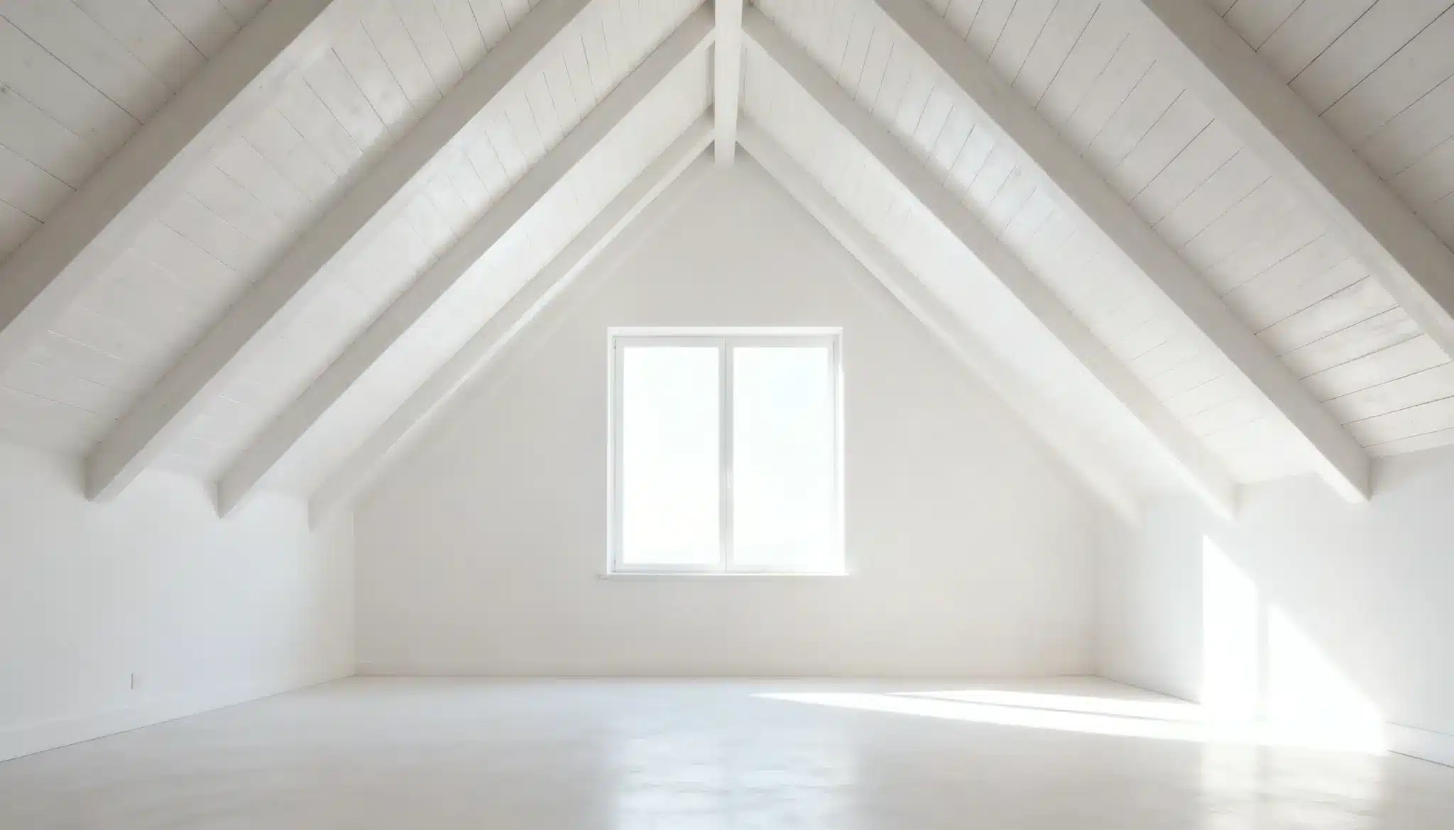 Empty white attic room with exposed white wooden beams meeting at a central peak above a bright rectangular window.