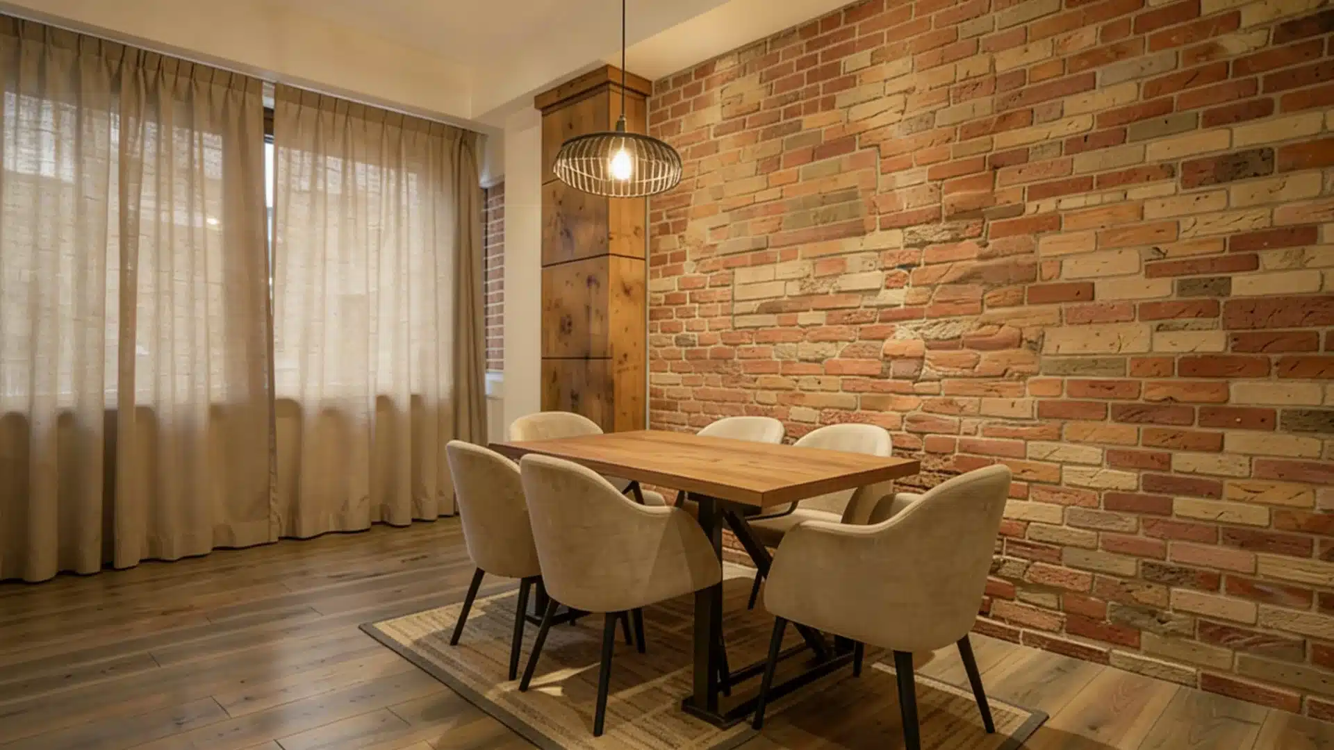 A modern dining area features a wooden table surrounded by beige upholstered chairs against an exposed, rustic brick wall