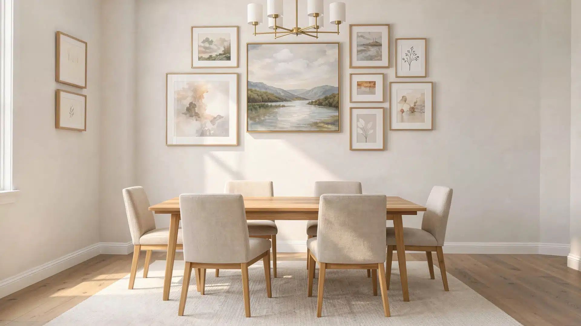 A dining room featuring a light wood table,  chairs, a chandelier, and a large gallery wall